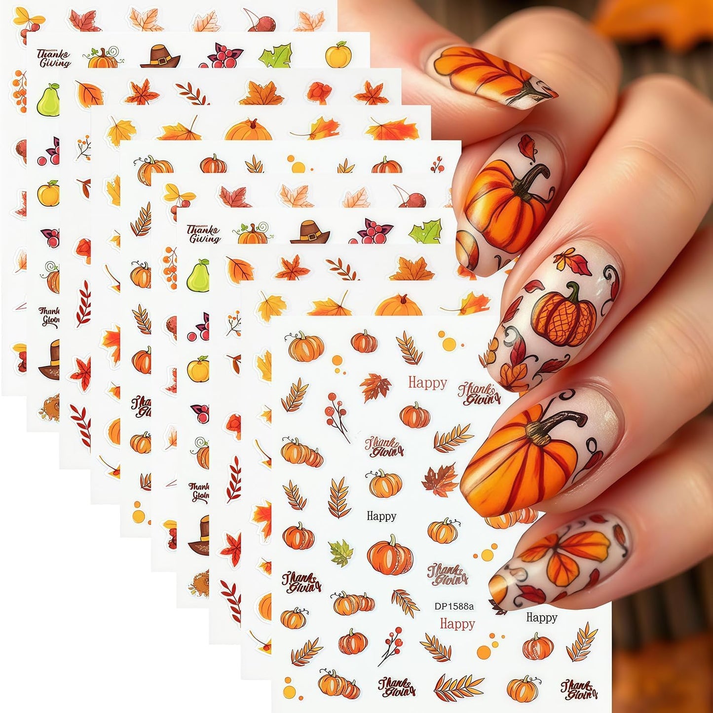 10 Sheets Thanksgiving Day Nail Stickers for Nail Art Fall Nail Sticker 3D Self-Adhesive Shiny Autumn Maple Leaf Turkey Pumpkin Nails Decals Holiday Maple Leaves Manicure Decoration for Salon Nails