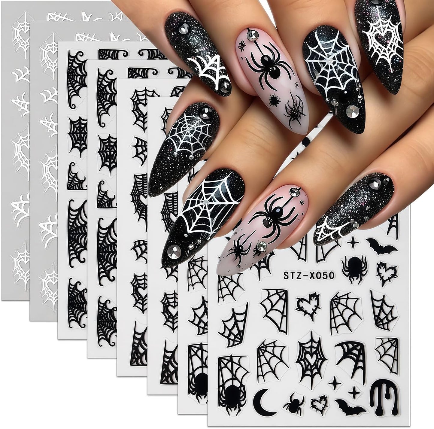 8 Sheets Spider Nail Art Stickers Halloween Nail Decals Black White Spider Web Spiders Design 3D Self-Adhesive Nail Sticker Fall Holiday Acrylic Manicure DIY Nails Decoration Supplies for Women