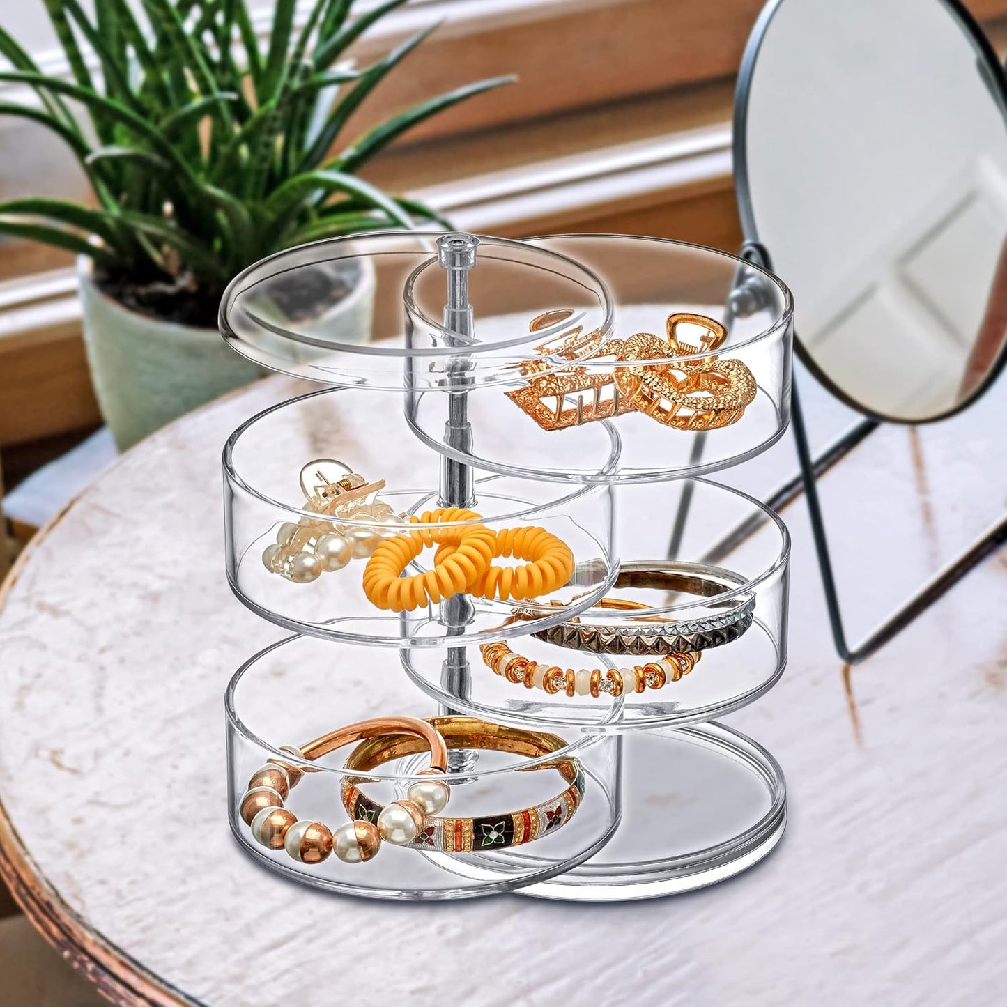 Amazing Abby - Inspire - 4-Tier Acrylic Hair Accessories Organizer with Lid, Plastic Jewelry Holder, Rotating Makeup Accessories Container, Beauty Supply Storage, Clear, Round (4.5" Dia.)
