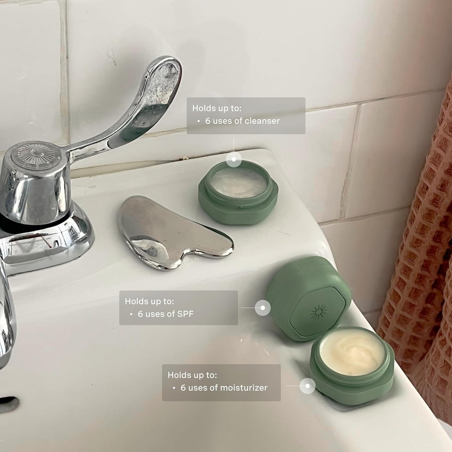 Cadence Travel Containers Basic Skincare Set - Magnetic Containers with Lids,Carry On Travel Essentials For Women/Men - 3 Small Capsules (0.56oz) - Cleanser, Moisturizer & Sun-Icon Labels - Eucalyptus