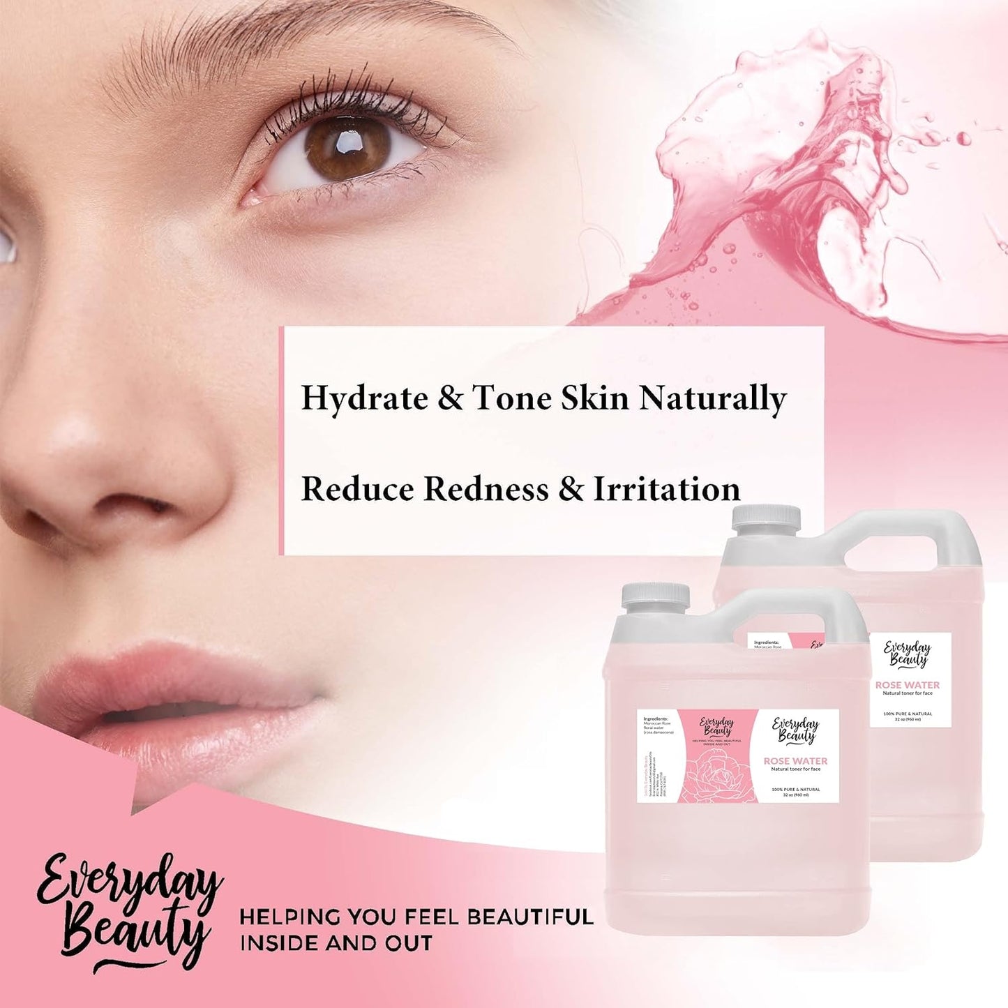 Rose Water Facial Toner Bulk - 64oz Alcohol-Free Vegan All Natural Refreshing Spray Mist for Face and Hair - Uplifts, Calming & Soothing for All Skin Types