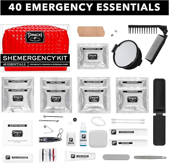 Pinch Provisions Shemergency Kit for Her, 40 Emergency Essential Items, Compact, Multi-Functional Pouch, Gift for Women, Birthday, Bachelorette Parties, and More!