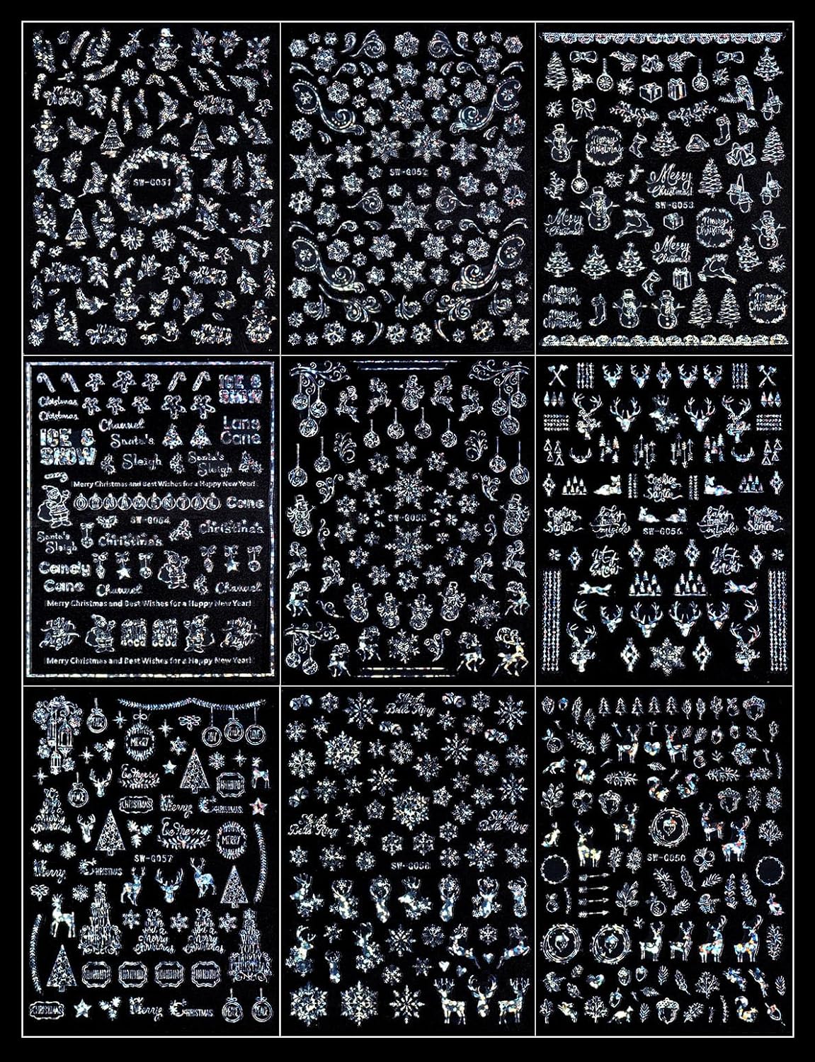 9 Sheets Merry Christmas Nail Art Stickers Decals Self-Adhesive Holiday Snowflakes Laser Silver Snowman Bell Nail Supplies Nail Art Design Decoration Accessories