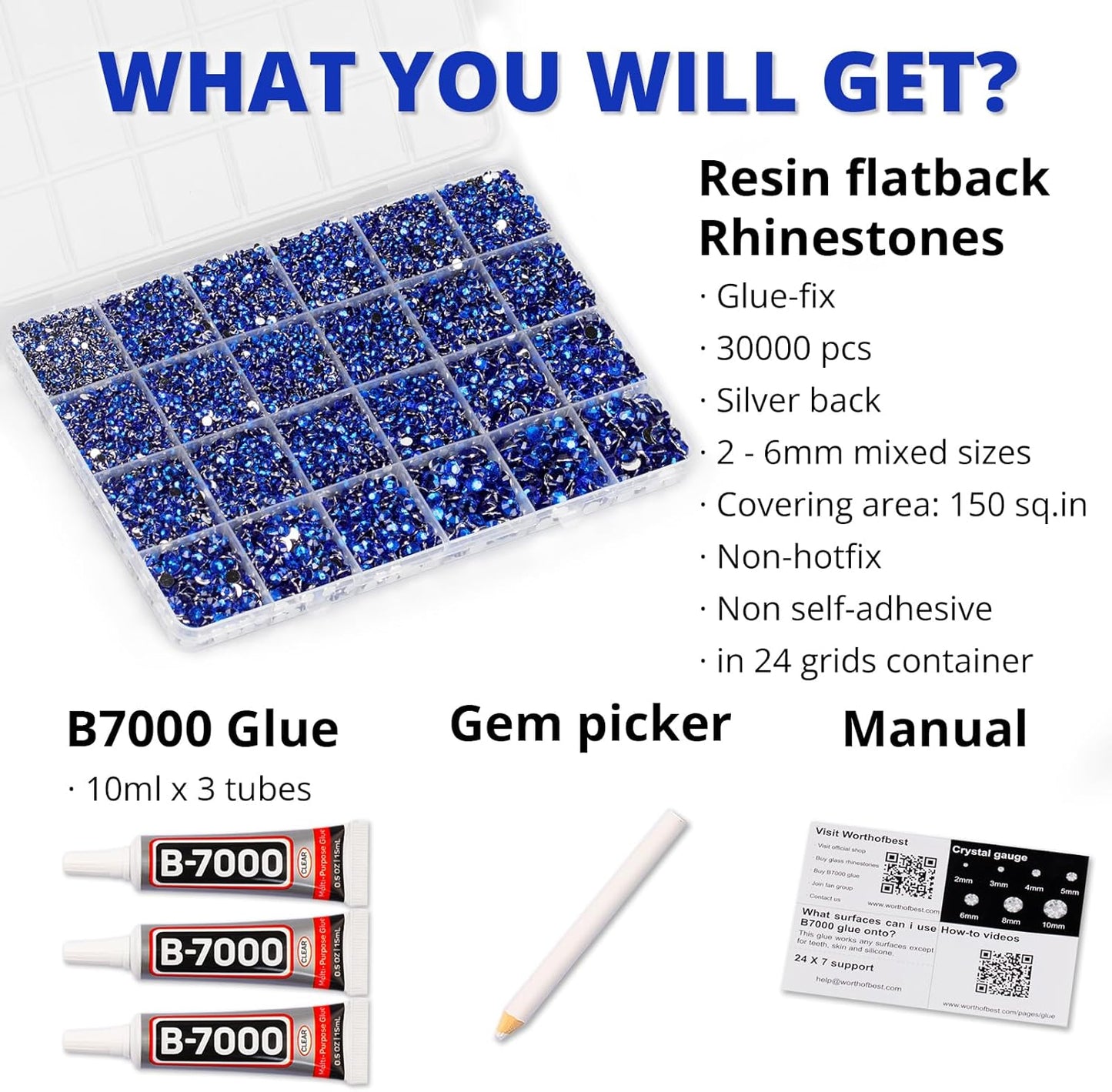 30000Pcs Resin Rhinestones for Crafting Bedazzling, Blue Flatback Gems Crystal for Crafts Clothing Clothes Shoes Fabric Tumblers Cups, Bling Dark Royal Navy Blue Flat Back Jewels with b7000 Glue