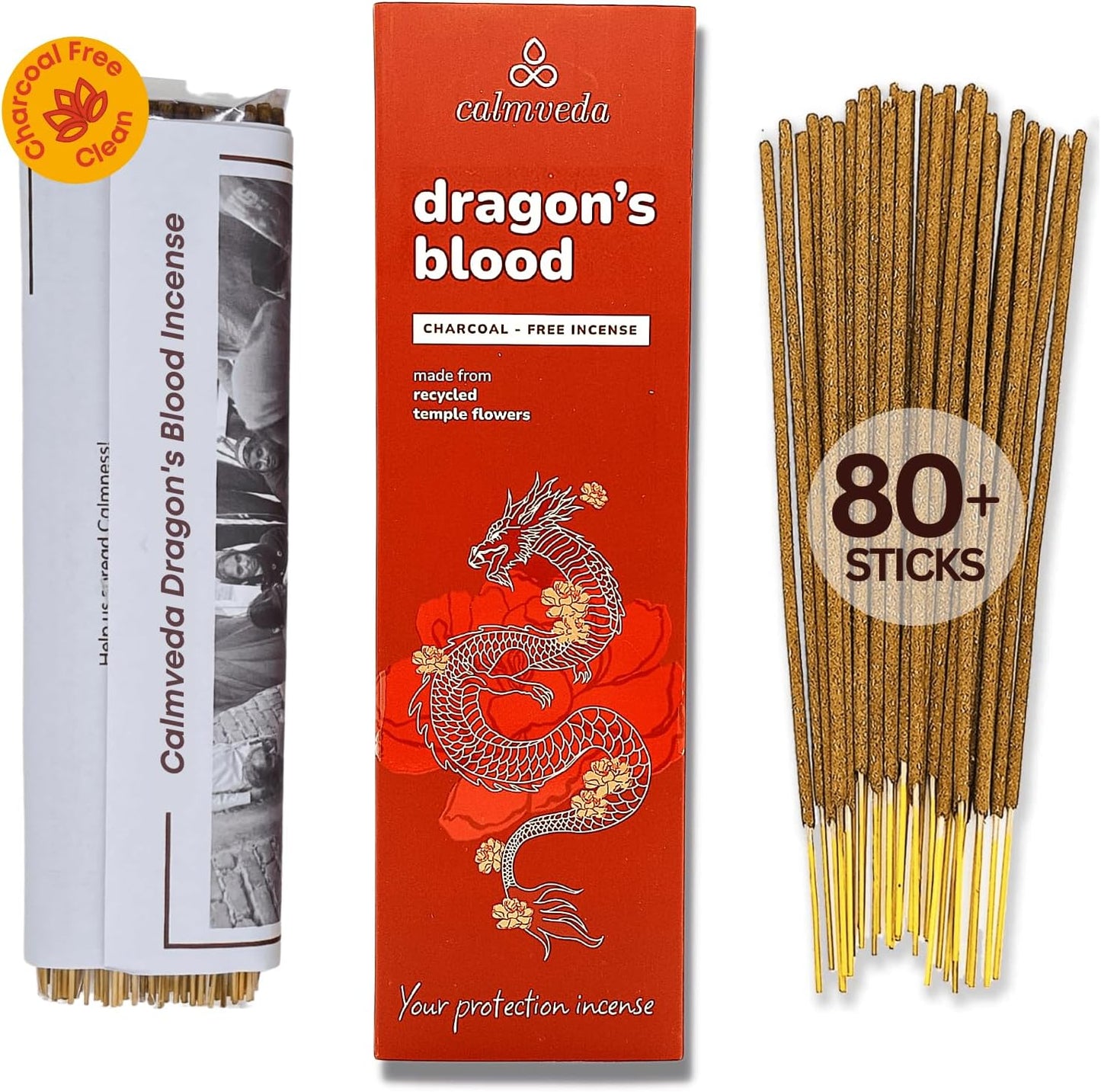 Peru Dragons Blood Incense Sticks - (80 Scented Sticks) Charcoal Free, Made from Upcycled Flowers | Sweet, Spicy & Ambery Notes | Protection Incense Sticks for Bad Energy Cleansing (Sangre de Grado)