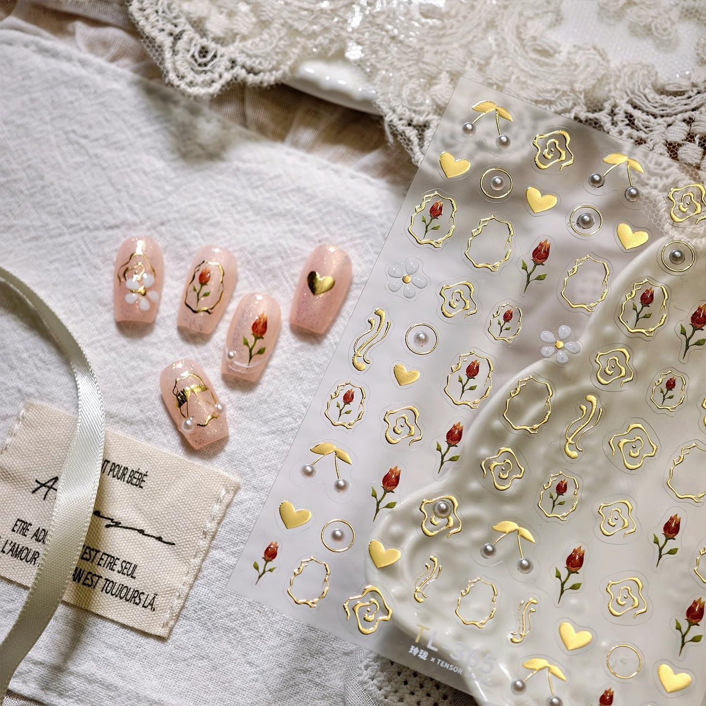 Gold Nail Stickers Flower Nail Decals for Nails Art Tulip Nail Art Stickers with Design Heart Nails Art Decals Self Adhesive Sticker for Women Girls Kid Manicure Charms Supply Accessories