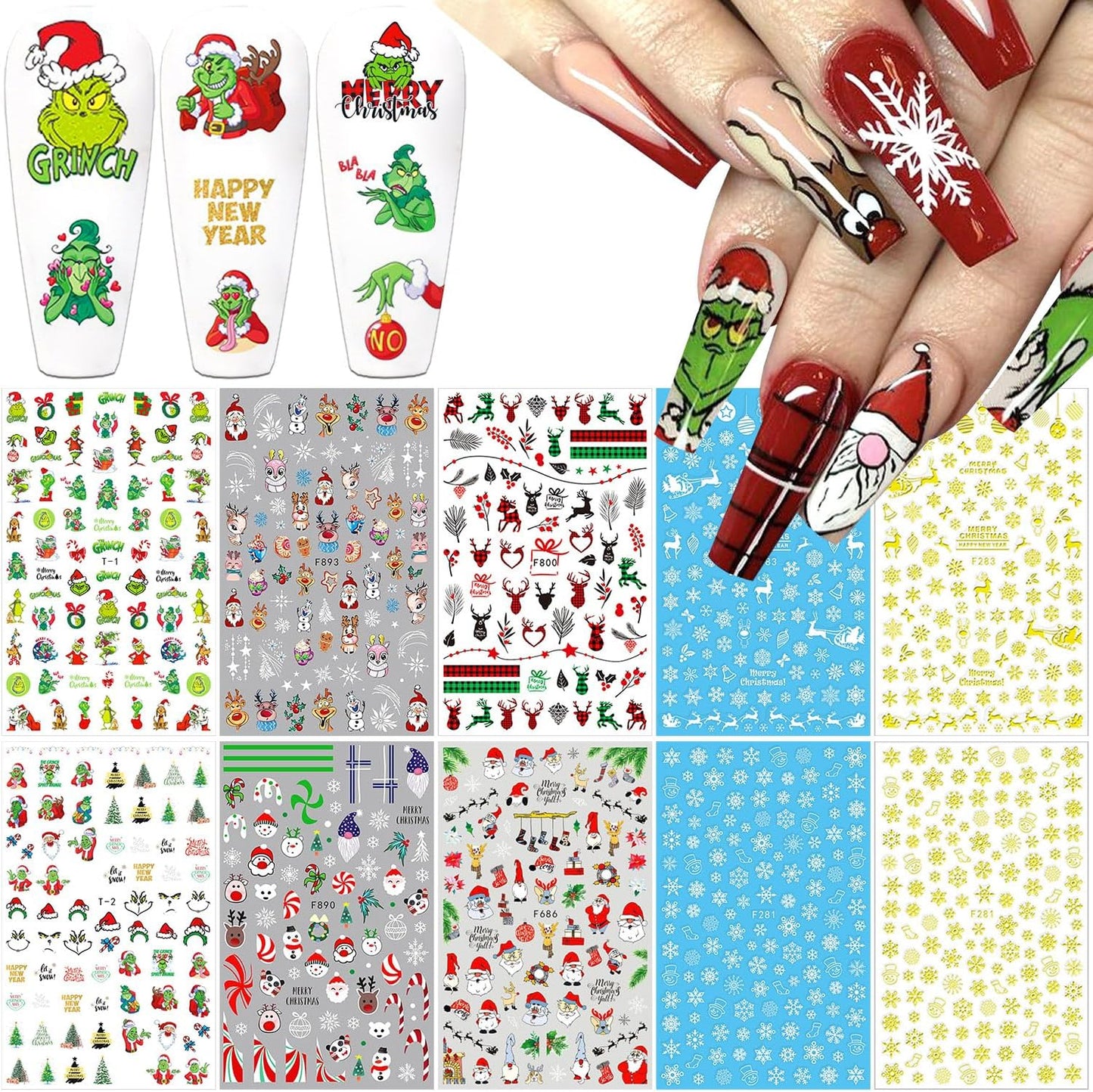10 Sheets Christmas 3D Nail Art Decals - Gold White Snowflake Santa Claus Snowman Buffalo Plaid Reindeer Winter Xmas Stickers for Women Girls Nail Decorations