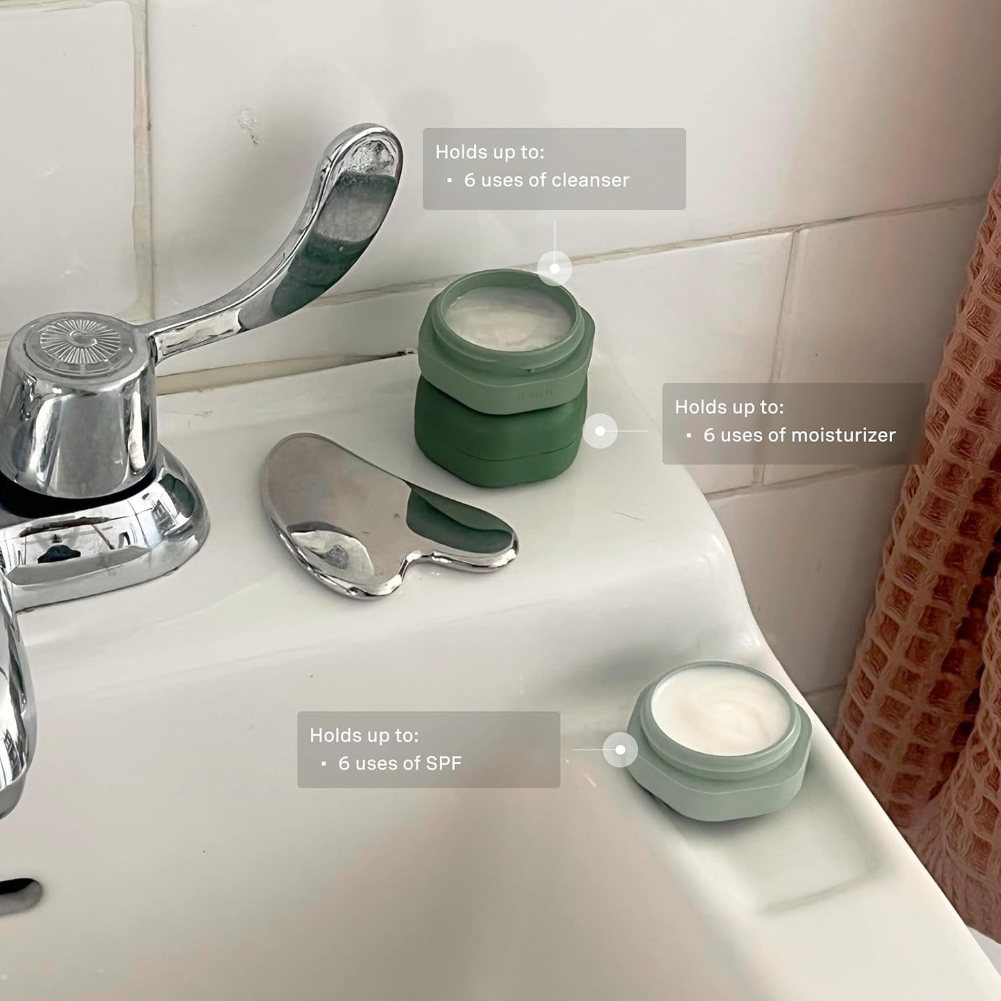 Cadence Travel Containers Basic Skincare Set - Magnetic Containers with Lids,Carry On Travel Essentials For Women/Men - 3 Small Capsules (0.56oz) - Cleanser, Moisturizer & Sun-Icon Labels - Evergreen