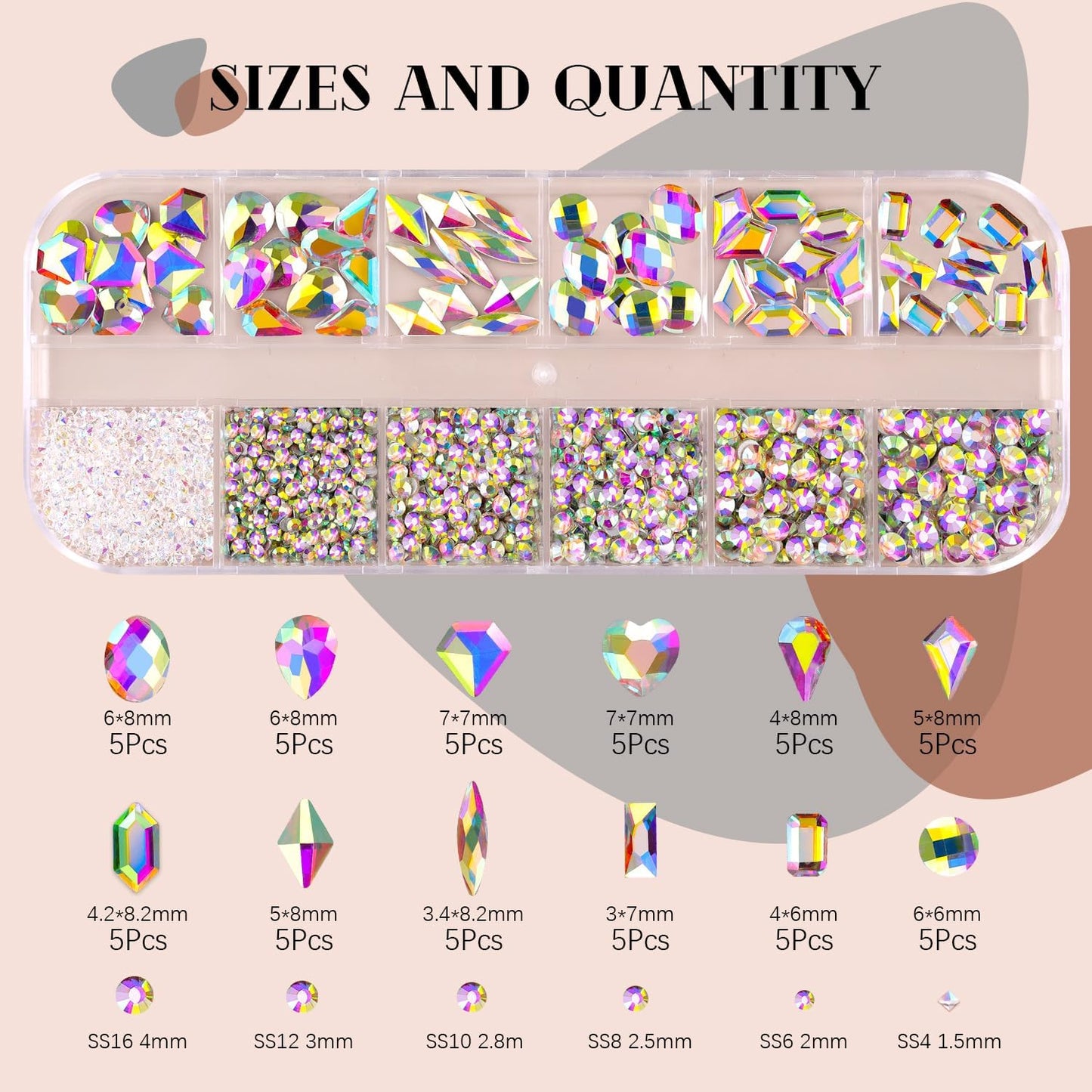 2060Pcs AB Glass Nail Rhinestones 60Pcs Multi Shapes Flatback Nail Gems + 2000Pcs 1.5-4mm Round Crystal with Rhinestones Glue Gel, Manicure Nail Charms Diamond Gemstones for Nail Art