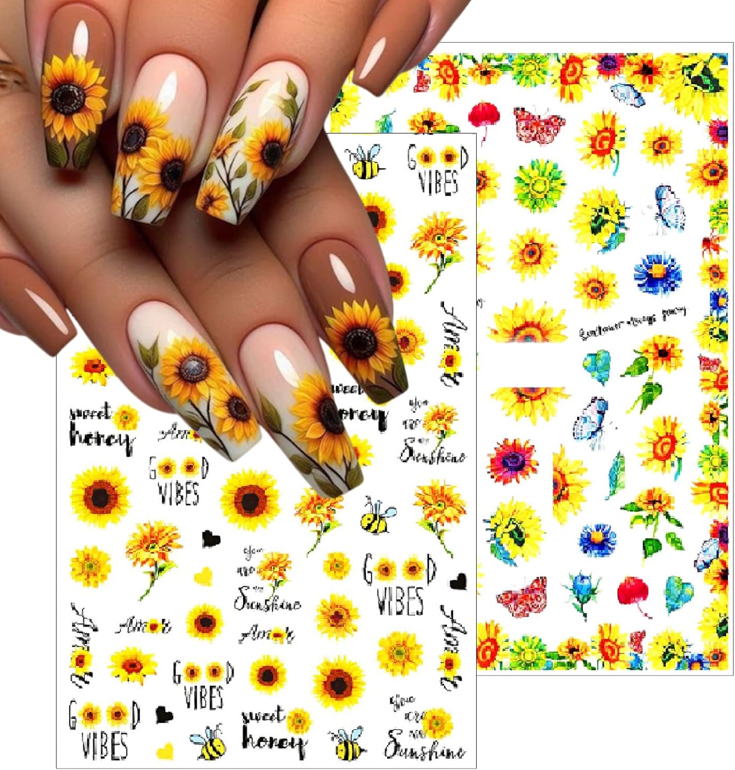8 Sheets Sunflower Nail Art Stickers 3D Self-Adhesive Cute Yellow Bee Butterfly Spring Summer Sunshine Floral Design Small Daisy Flowers Nails Decals for Women Girls Summer Manicure Decoration