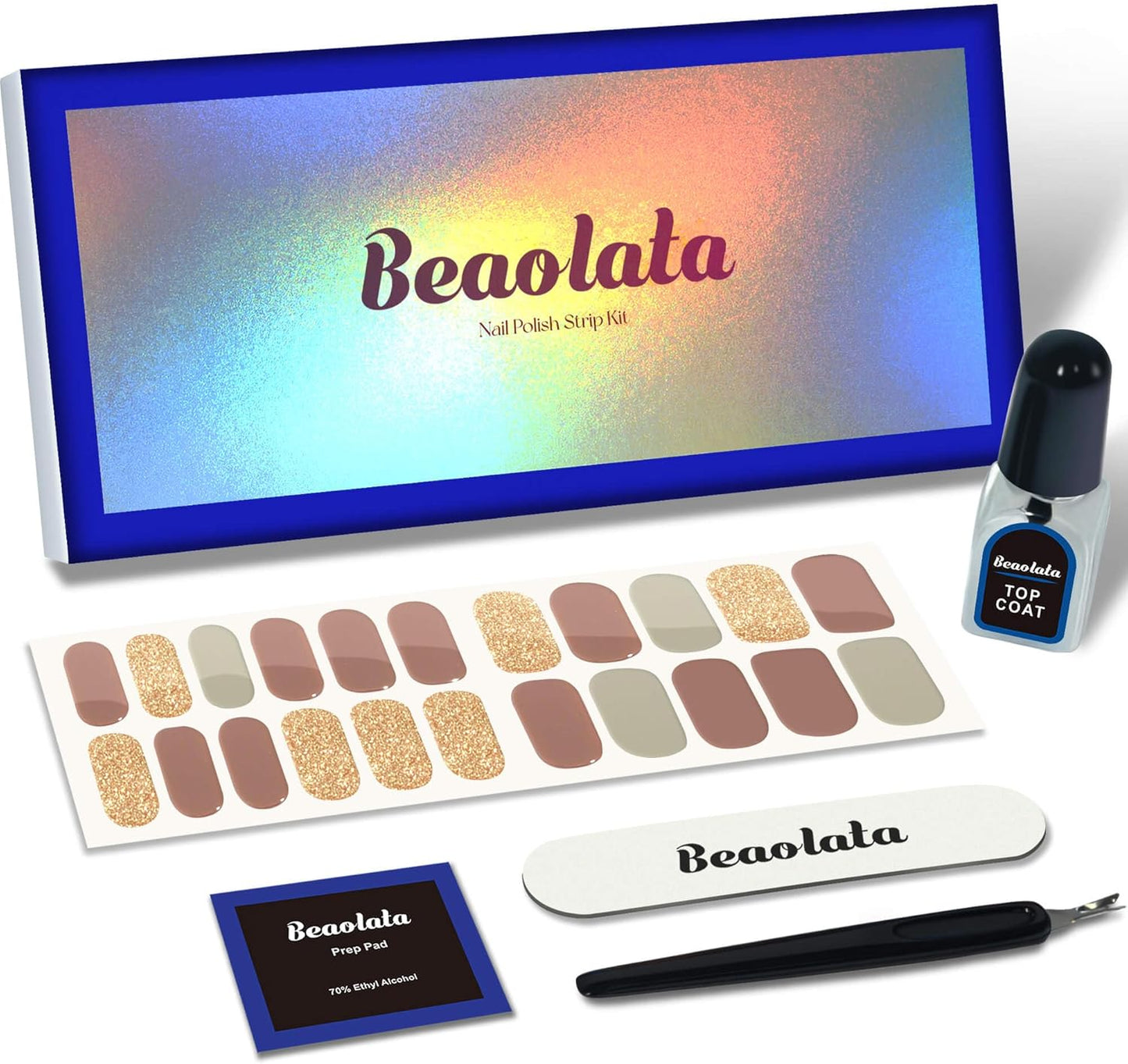 Nail Polish Strips, 44PCS Salon Quality Wraps with Top Coat, Long Lasting Gel Nail Stickers for Women Easy Apply& Remove (Autumn Brwon&Gloden)