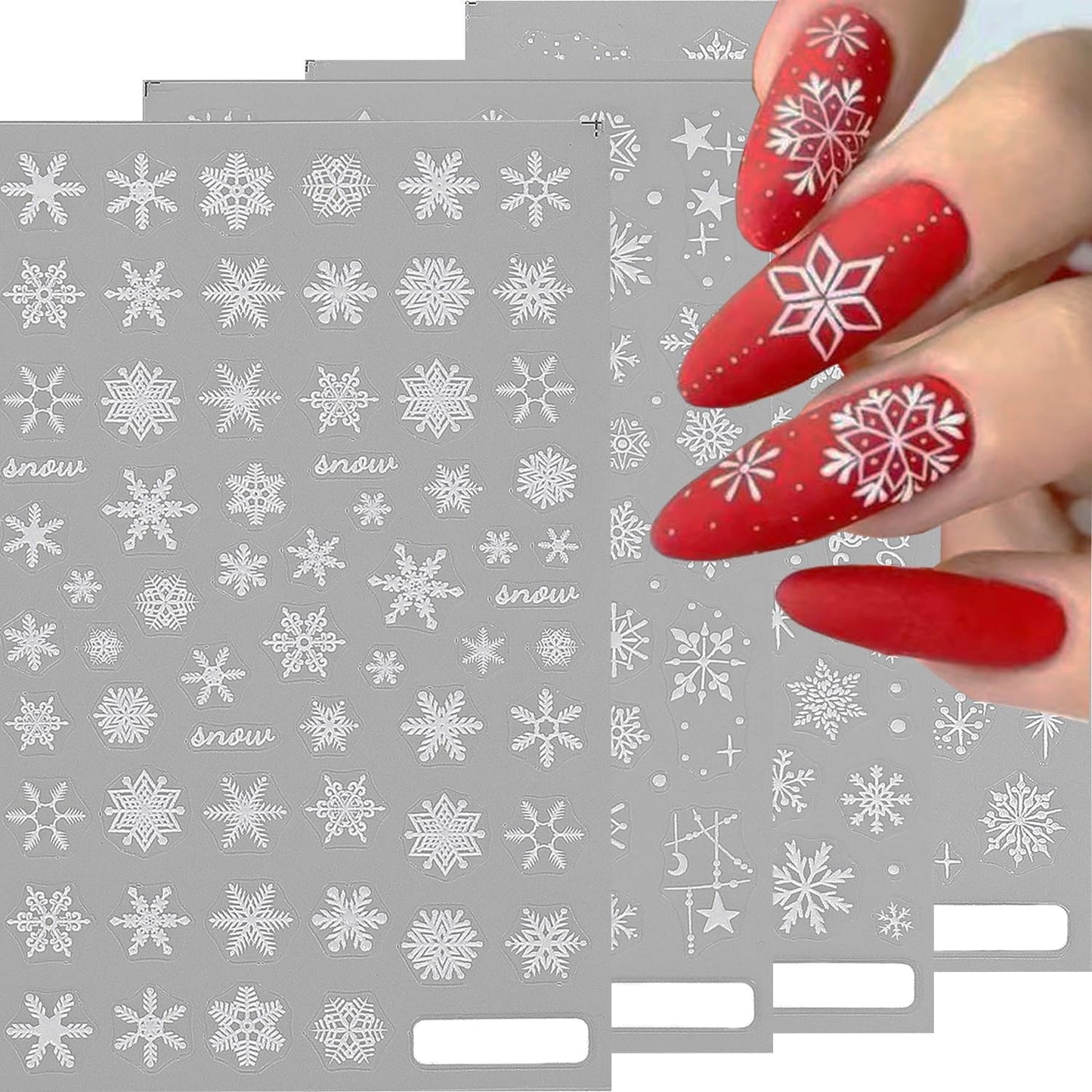HNUIX Nail Stickers - 5D Snowflake, Self Adhesive Nail Decals, Multi Pattern, 4 Sheets, for Nail Art