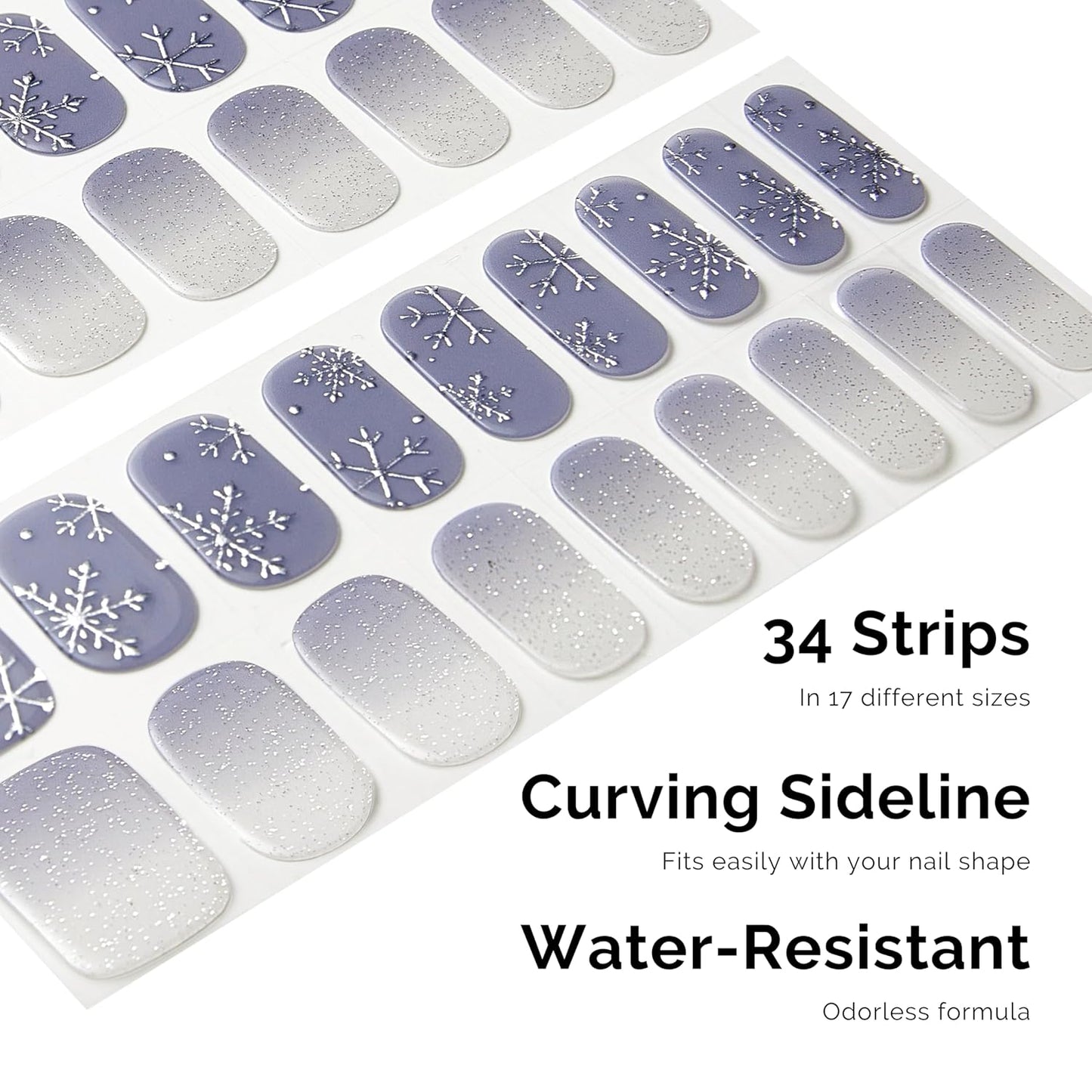 NAILOG Semi Cured Gel Nail Strips - 34 pcs Salon-Quality Winter Nail Wraps with Soft Gel Finish (Snow Rain)