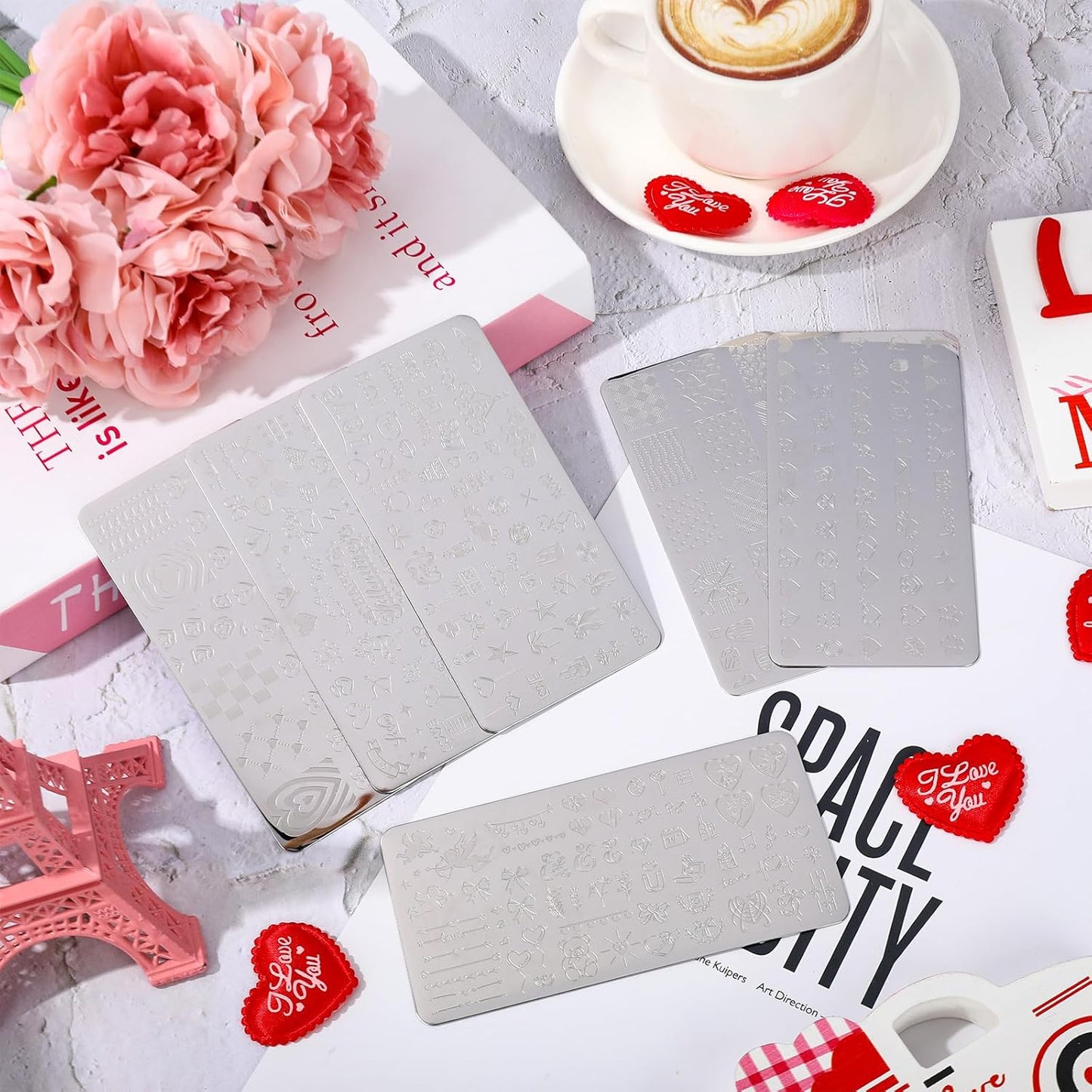 Whaline 6Pcs Happy Valentine Nail Plates Stamping Set Love Heart Stamp Templates Nail Art Plates for DIY Print Manicure Salon Design