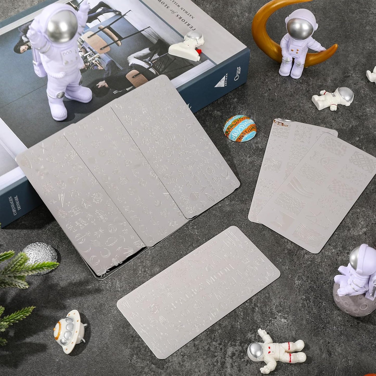 Whaline 6Pcs Outer Space Nail Plates Stamping Set Rocket Moon Planet Astronaut Stamp Templates Nail Art Plates for DIY Print Manicure Salon Design