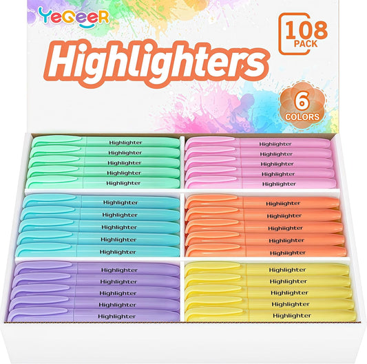 Highlighters Bulk, Chisel Tip Dry-Quickly Highlighter Markers, 108 Count-6 Assorted Colors Highlighters Bulk Pack for Adult Kids, Office Classroom Must Have, School Supplies for Teachers