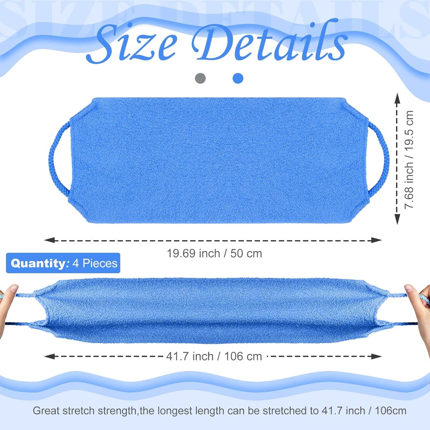 Moukeren Exfoliating Back Scrubber with Handles 4 Pack Nylon Back Exfoliator Extended Length Washers Scrubbers Stretchable Pull Strap Exfoliating Washcloth(Dark Blue, Gray, Beige, Fluorescent Green)