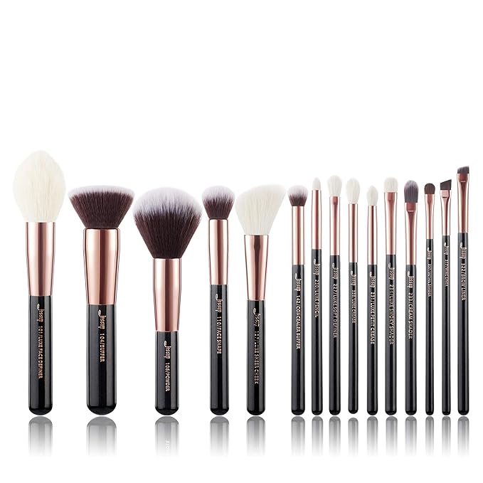 Jessup Makeup Brushes, Labeled Makeup Brush Set Premium Synthetic and Natural Hair Foundation Powder Concealer Eyeshadow Blending 15pcs Brush Kit, Rose Gold/Black T160