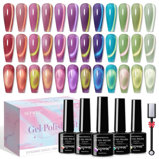 Cat Magnetic Eye Gel Nail Polish 12 Colors Shimmer Glitter Cat Eye Gel Polish Fruit Colors Cateye Manicure Gift Soak Off Lamp Salon DIY at Home(Purple Green Blue)