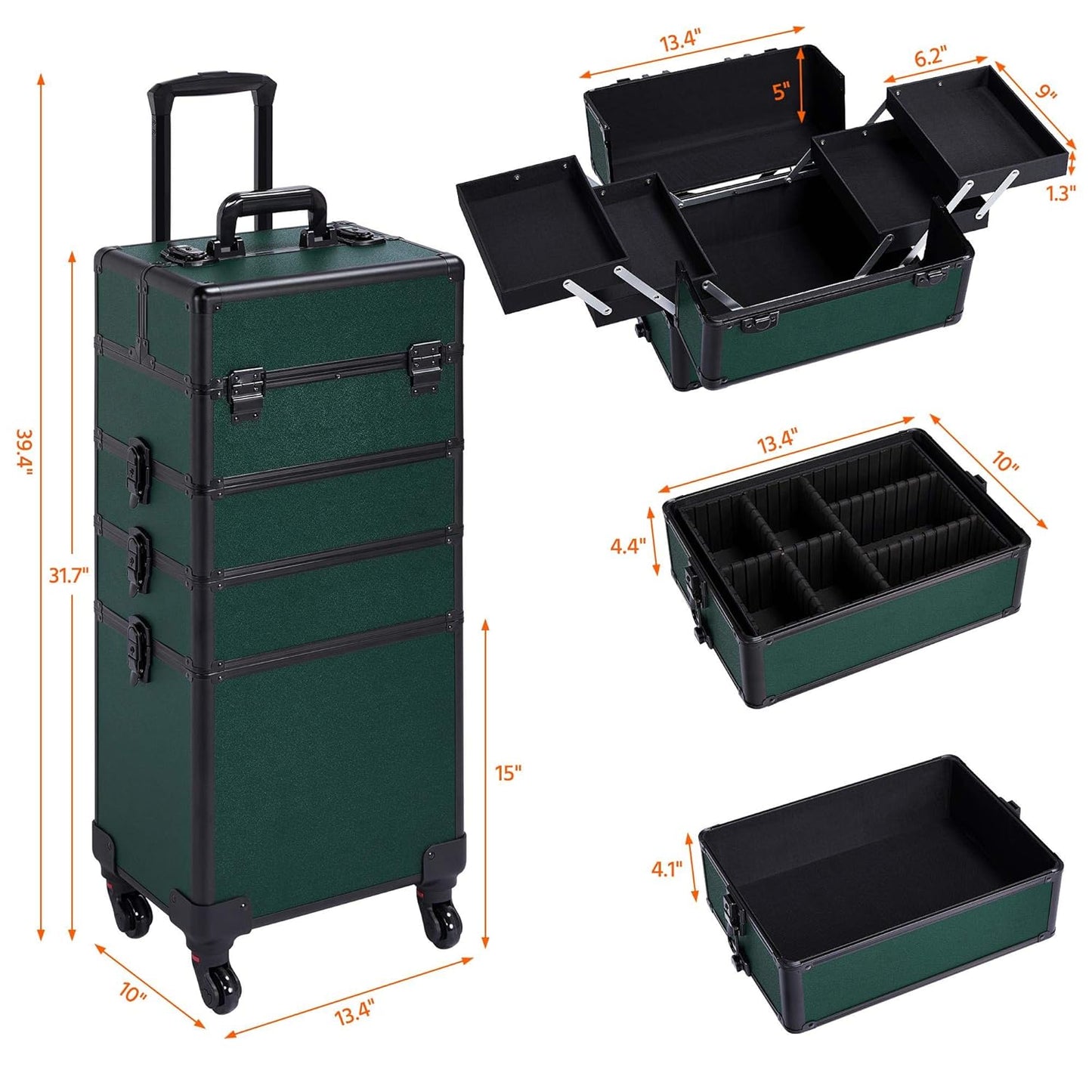 Yaheetech 4 in 1 Aluminum Rolling Makeup Case Professional Cosmetic Case Makeup Train Case Cosmetic Organizer Makeup Trolley Dark Green