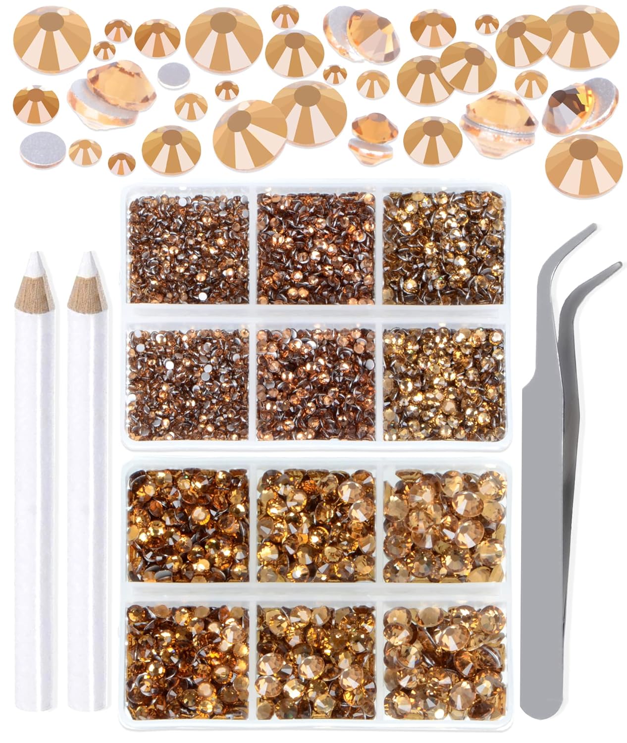 LPBeads 6000 Pieces Lt Topaz Non Hotfix Rhinestones 6 Sizes Round Crystal Glass Flat Back Rhinestones with Tweezers and Picking Pen for Nail Art Crafts Clothes Bags DIY