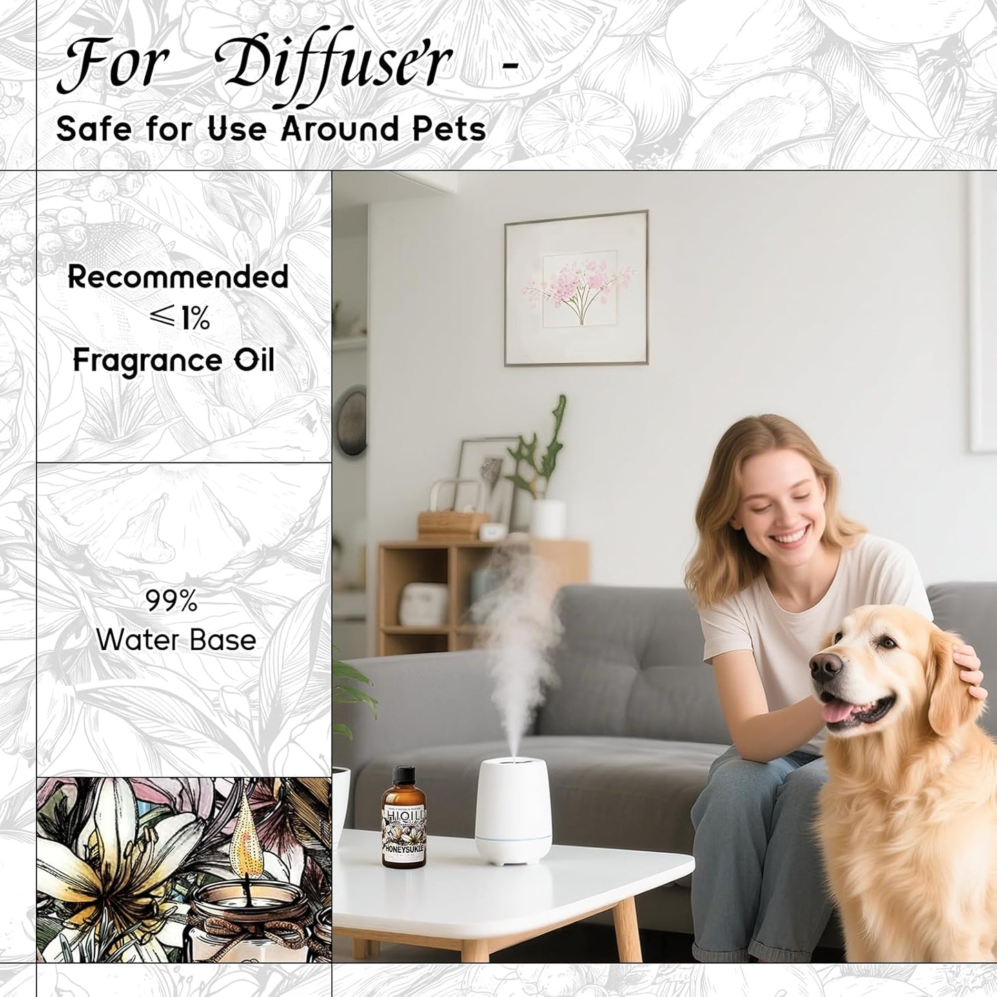 HIQILI Honeysuckle Fragrance Oil for Home Diffuser, Prefect for Candle & Soap Making, Relaxation, Beautiful Gifts - 1 Fl Oz