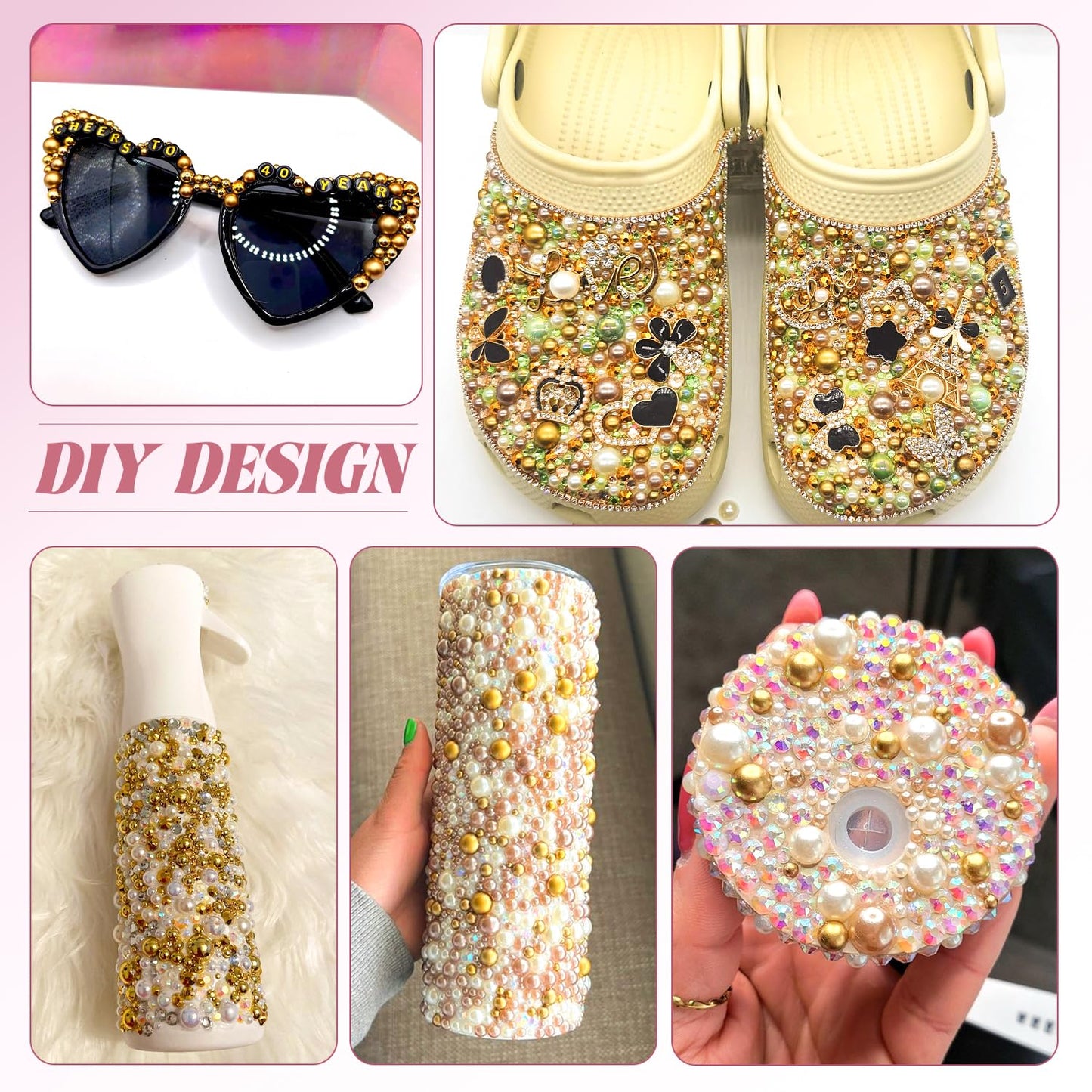 9000Pcs Flatback Pearls and Rhinestones for Bedazzling, White Brown Mixed Size 3-8mm Resin Rhinestones and Half Pearls for Crafting, Nail Art Grad Cap Decoration with Tweezers and Pickup Pencil