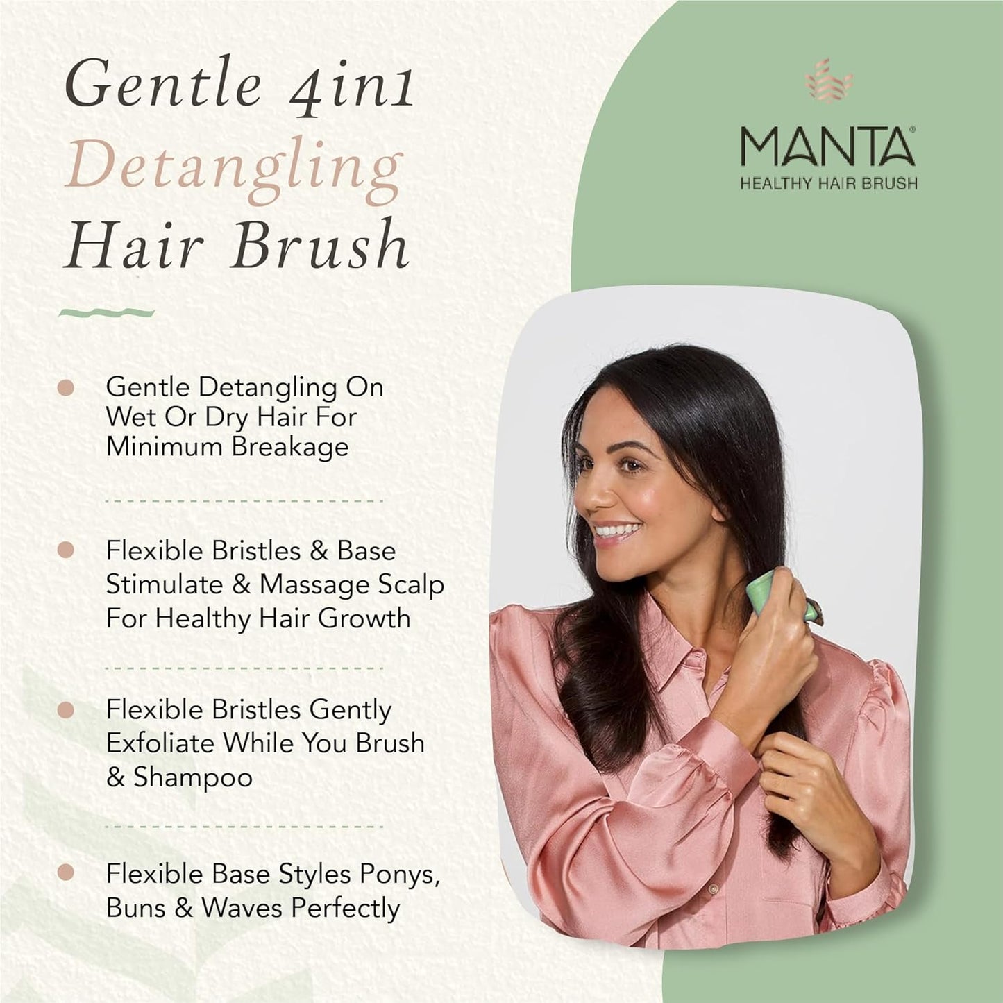 Manta Original Anti-Breakage Hairbrush – Gentle Detangling Brush for Wet & Dry Hair, Flexible Hairbrush for All Types, Healthy Hair Care for Women & Men, Serene Green