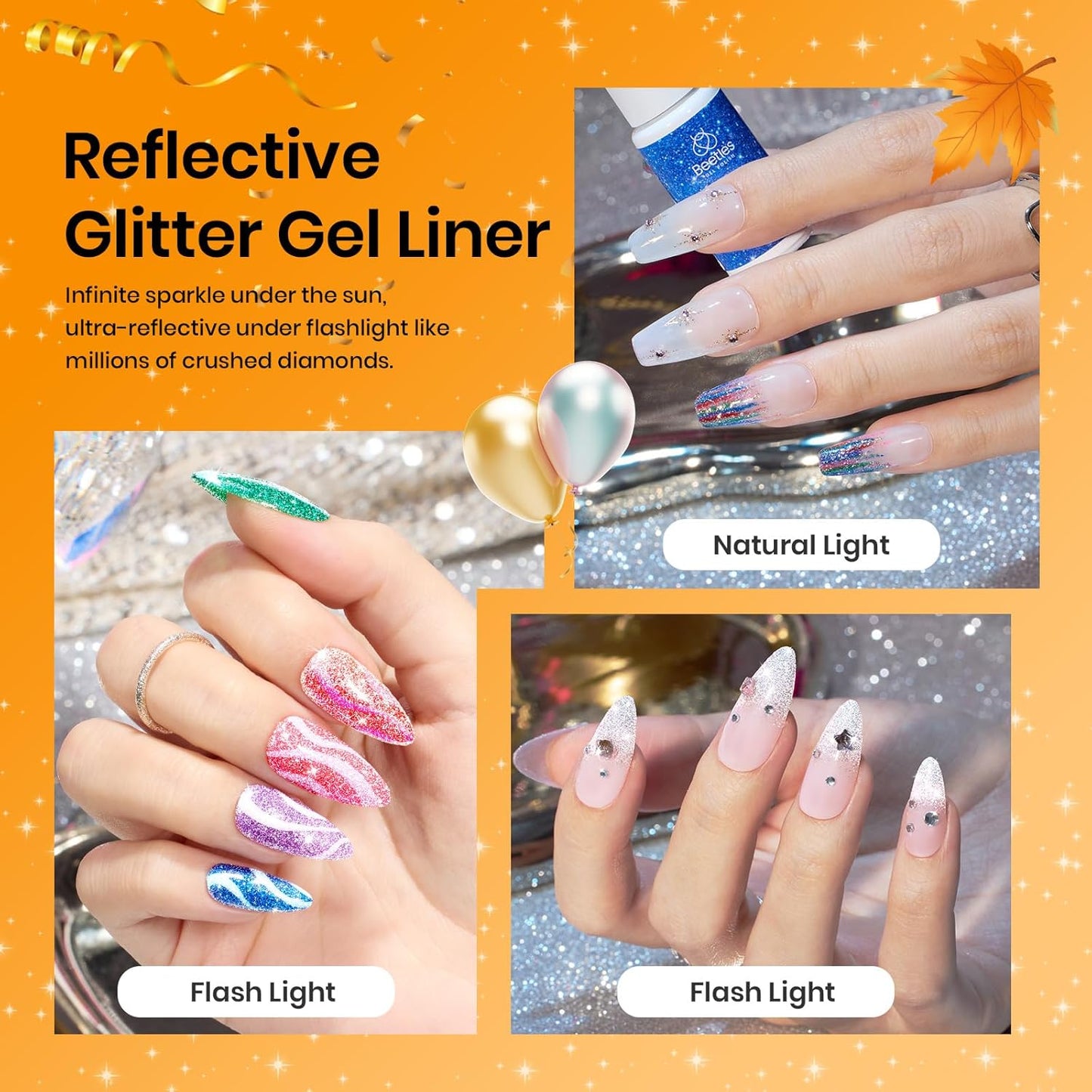 Beetles Nail Art Gel Liner Polish 12 Colors Reflective Glitter Gel Nail Polish, Gold Silver Pink Blue Purple Brown Black Kit Soak Off Uv Nail Art Design Set Summer Manicure Gifts for Women