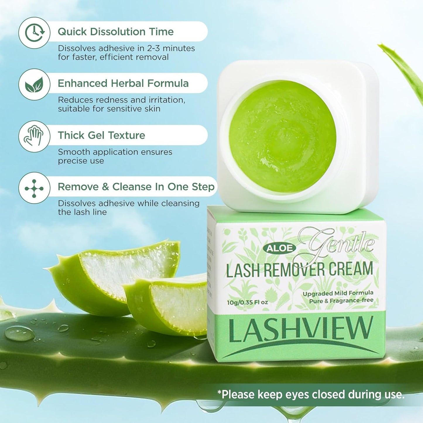 LASHVIEW Eyelash Extension Remover Cream - 1-3 Minutes Fast & Gentle Removal, Low Irritation Gel Texture for Sensitive Skin, Infused with Aloe, 10g
