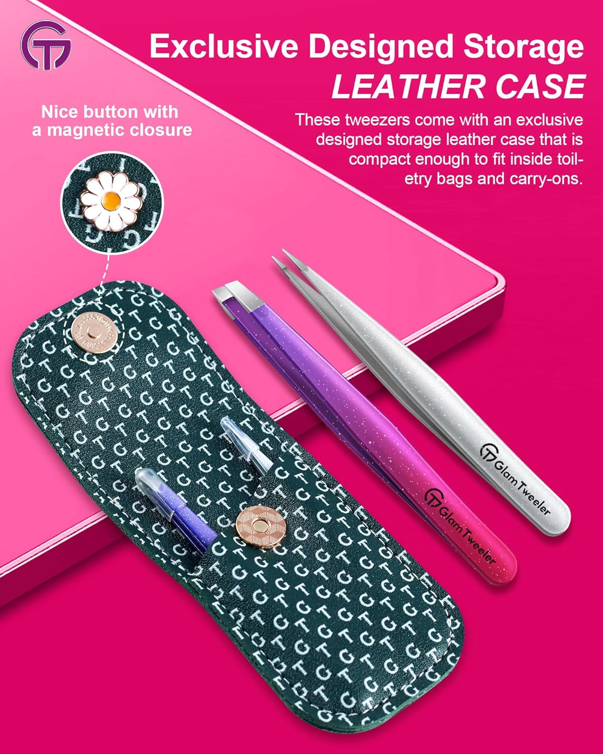 Expert Slant and Point Tip Tweezer Set with Exclusive Storage & Carrying Case, GlamTweeler Sharp & Precision Tweezer Set for Eyebrows, Facial Hairs & Fine Hairs Removal (Sparkle Deep Voilet + Silver)