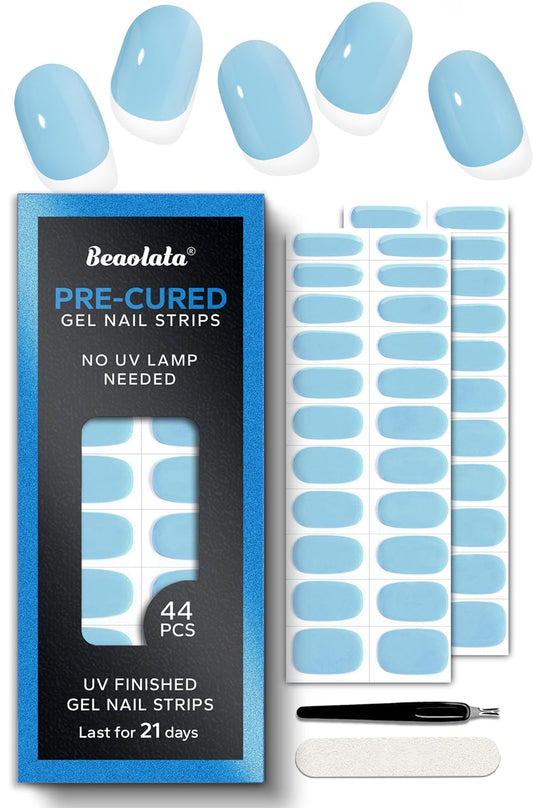Pre Cured Gel Nail Strips - 44PCS Salon Quality Gel Nail Stickers - Long Lasting Polish Wraps for Women no UV Light Needed Easy Apply& Remove (Icy Blue)
