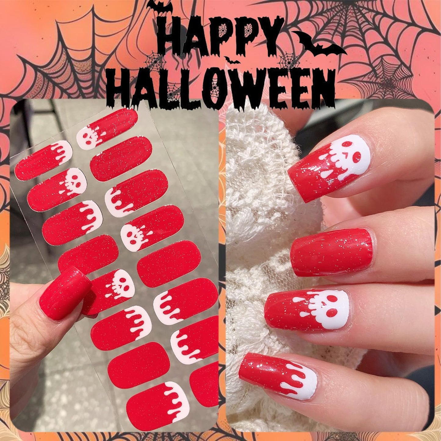 6 Sheets Spooky Halloween Gel Nail Stickers Bat Nail Wraps for Short Nails Self-Adhesive Ghost Full Wrap Nails Polish Strips Pumpkin Nails Polish Stickers Skull Gel Nail Strips for Women Nails Designs