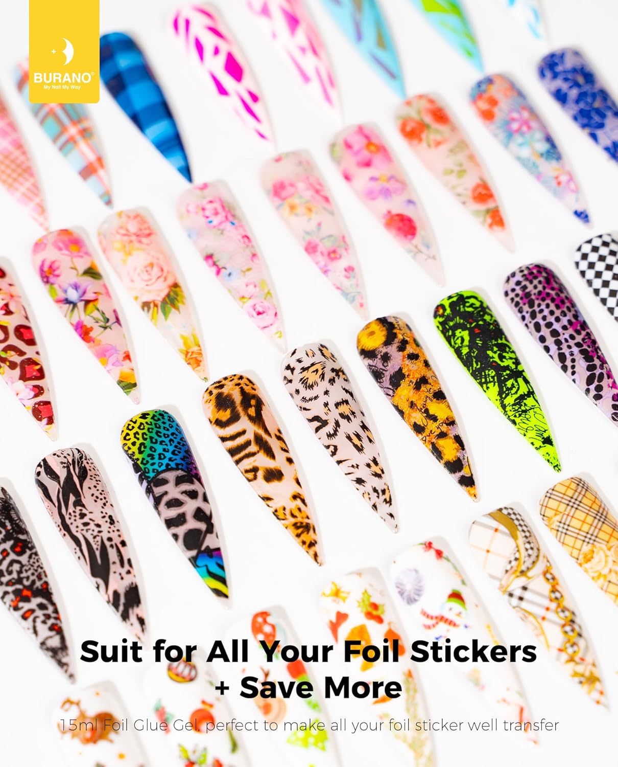 BURANO Nail Art Nail Foil Glue Gel, o.5 oz with 10PCS Foil Stickers Set Nail Foil Glue for Nails Foil Transfer Gel, Nail Design DIY UV LED Lamp Required (Nail Art) 16