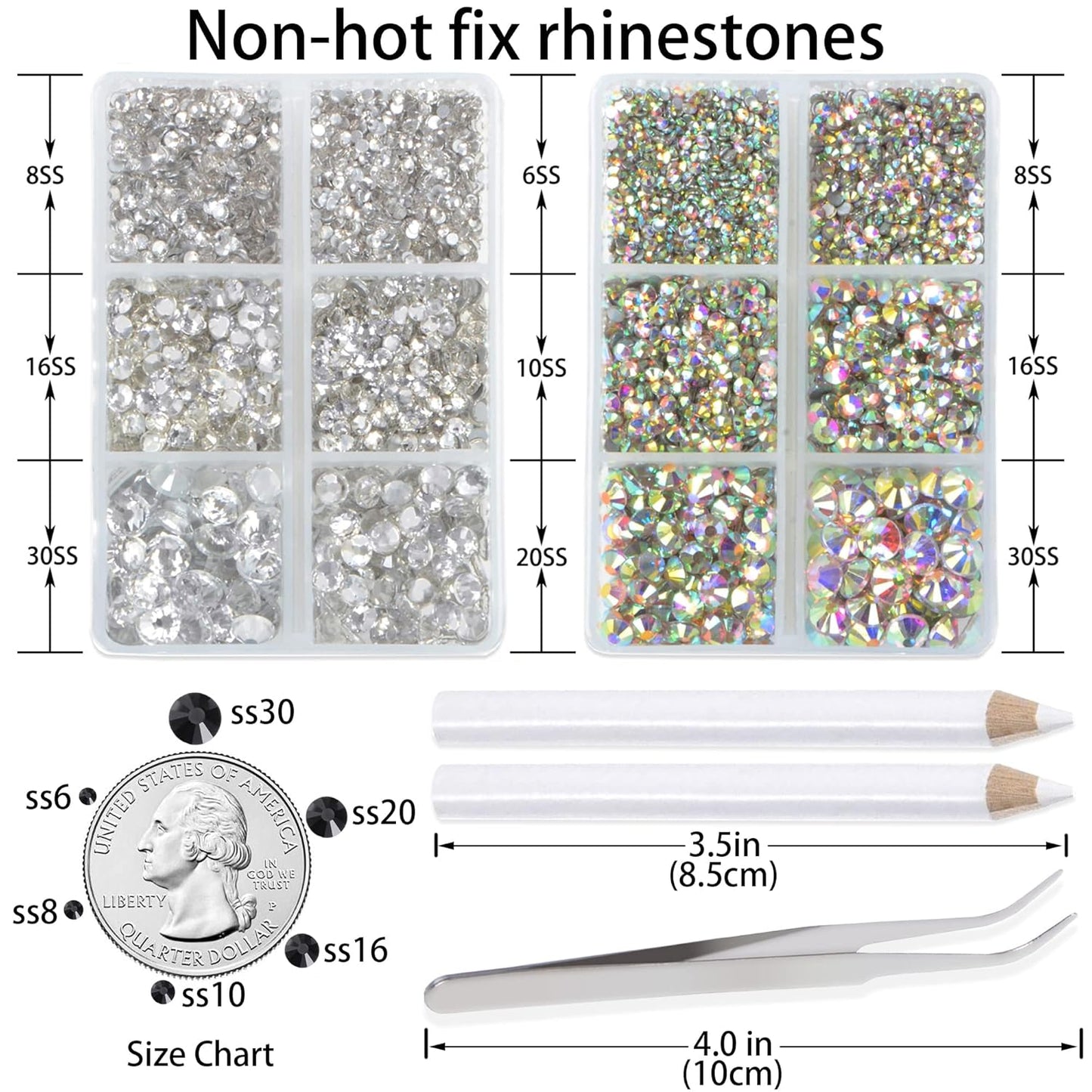 LPBeads 6000 Pieces Clear and Clear AB Non Hotfix Rhinestones 6 Sizes Round Crystal Glass Flat Back Rhinestones with Tweezers and Picking Pen for Nail Art Crafts Clothes Bags DIY