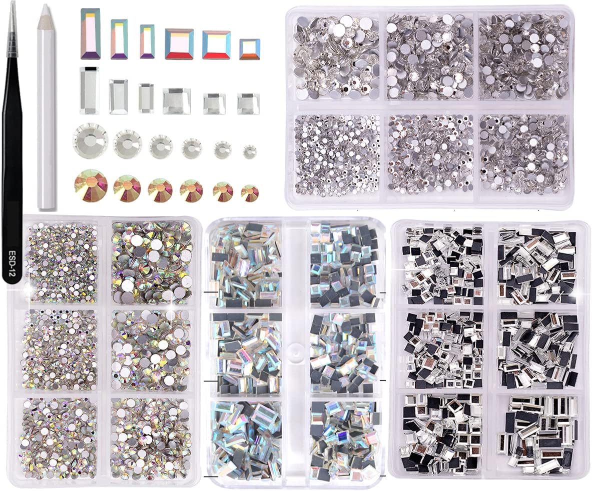 Nail Art Rhinestones K9 Glass Crystal Iridescent AB Clear Flatback Diamonds for Round &Square Gems Stones Constitute in 6 Mixed Sizes Jewels Set for Nail Design DIY Multiple 2920PCS + Pen Tweezers