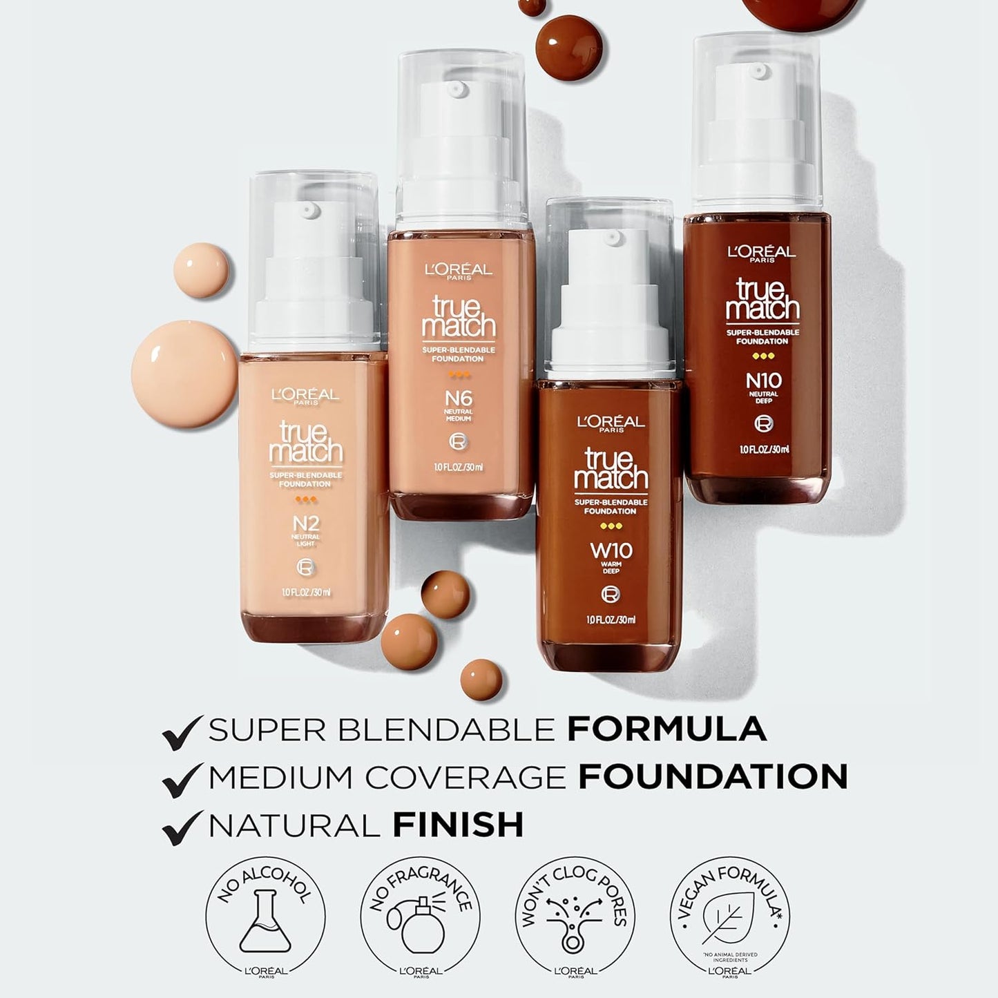 L'Oreal Paris True Match Super-Blendable Foundation, Medium Coverage Liquid Foundation Makeup, W2, Light, 1 Fl Oz