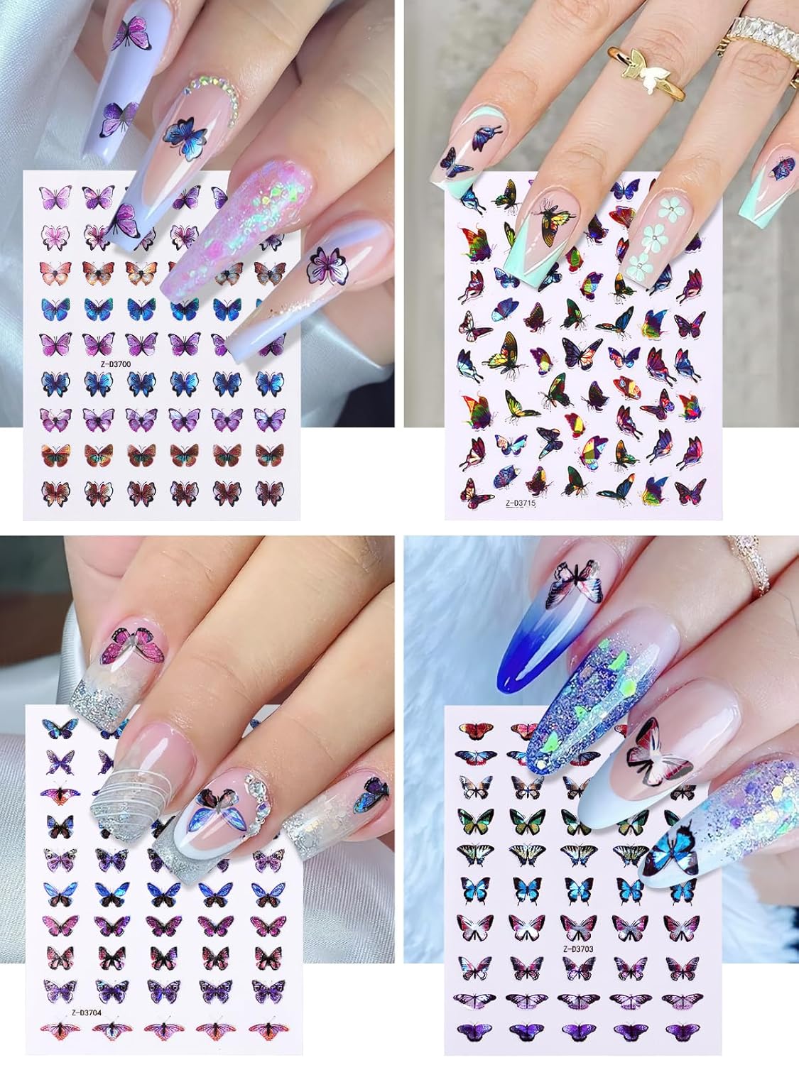 TOROKOM 12 Sheets Butterfly Nail Art Stickers, 3D Self-Adhesive Nail Decals with Colorful Laser Butterflies Designs for DIY Manicure Decor