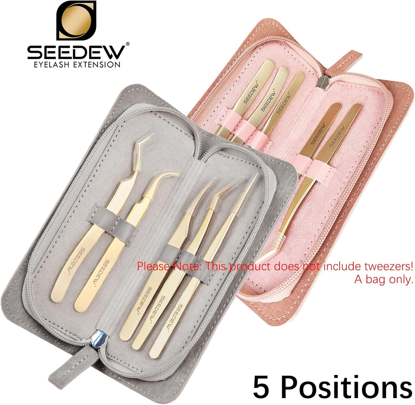Lash Tweezers Organizer, Eyelash Extension Tweezers Bag, Soft PU 5 Positions Portable Dustproof, Individual Zipper Storage Case Box for Tweezers, Makeup Brush, Slender Small Tools(Pink)