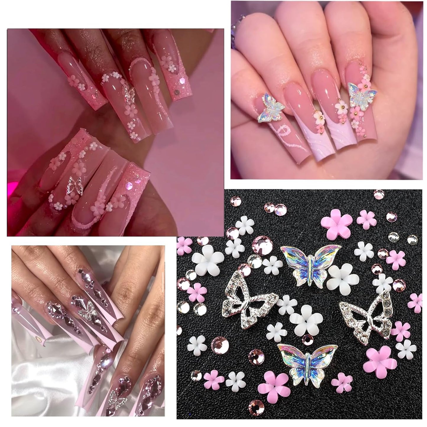 4 Boxes Pink Nail Gems Bow Flower Nail Charms for Acrylics - Irregular Crystals, Nails Rhinestone & Accessories for Women Nails Art Design Nails Decor(Pink)