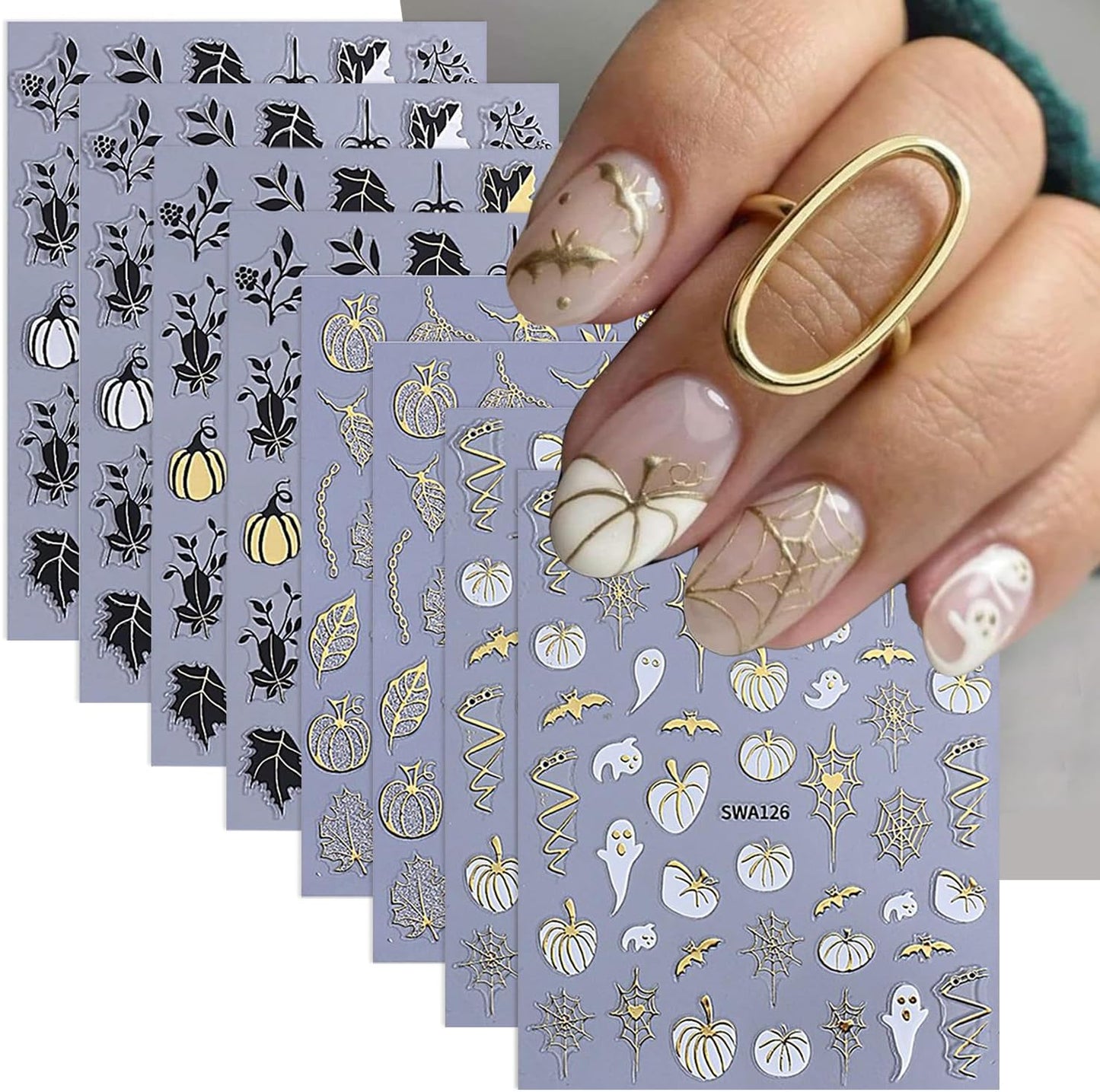 Halloween Nail Stickers Pumpkin Nail Sticker for Nails Art Spider Web Nail Decals Leaf Ghost Bat Heart Gold Hollow Design Cute Autumn Nails Stickers Decoration Manicure Supplies for Women