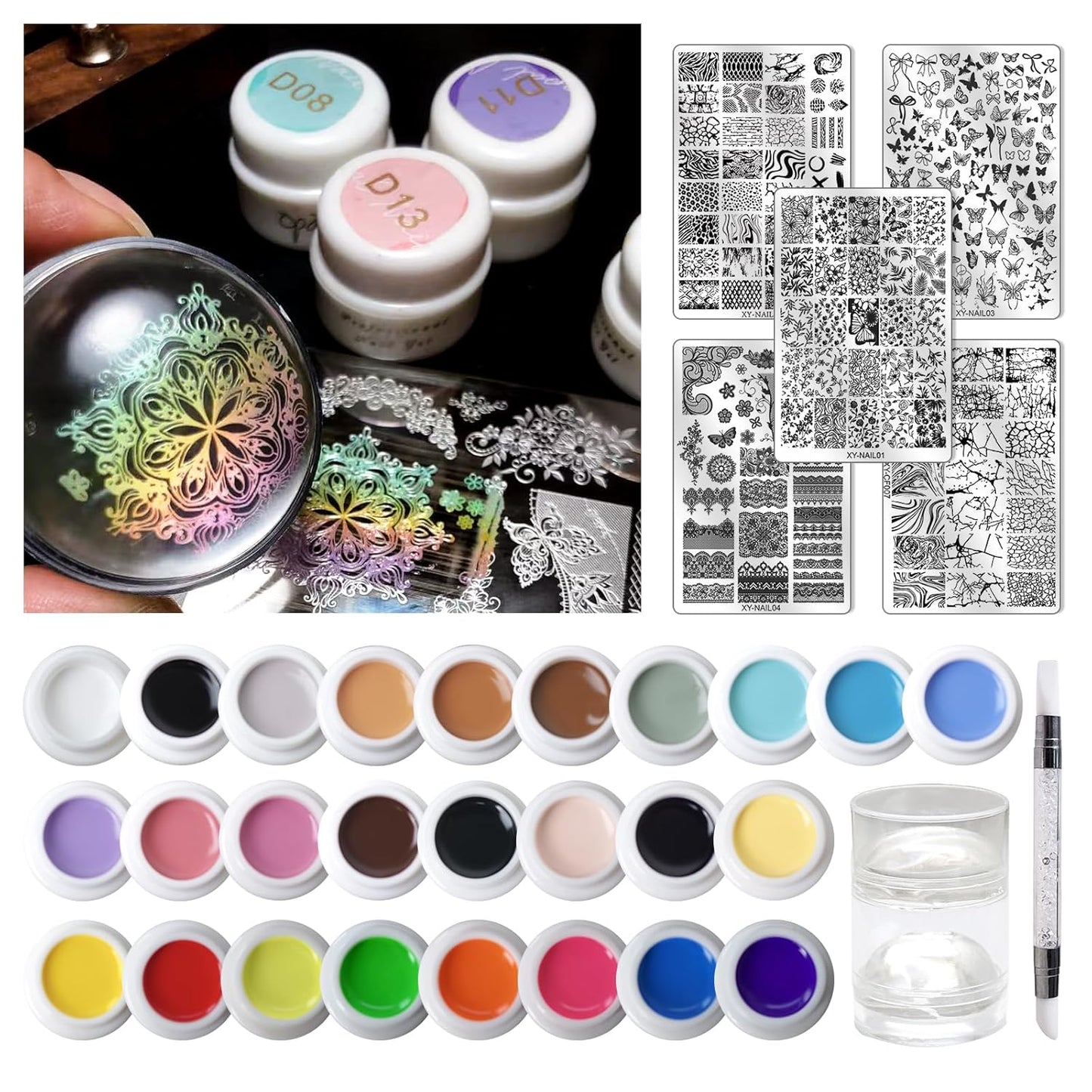 Nail Art Stamping Kit - 26 Color Gels with 5 Stainless Steel Plates, Dual-Ended Silicone Stamper & Scraper - DIY Nail Design Set for Beginners and Pros