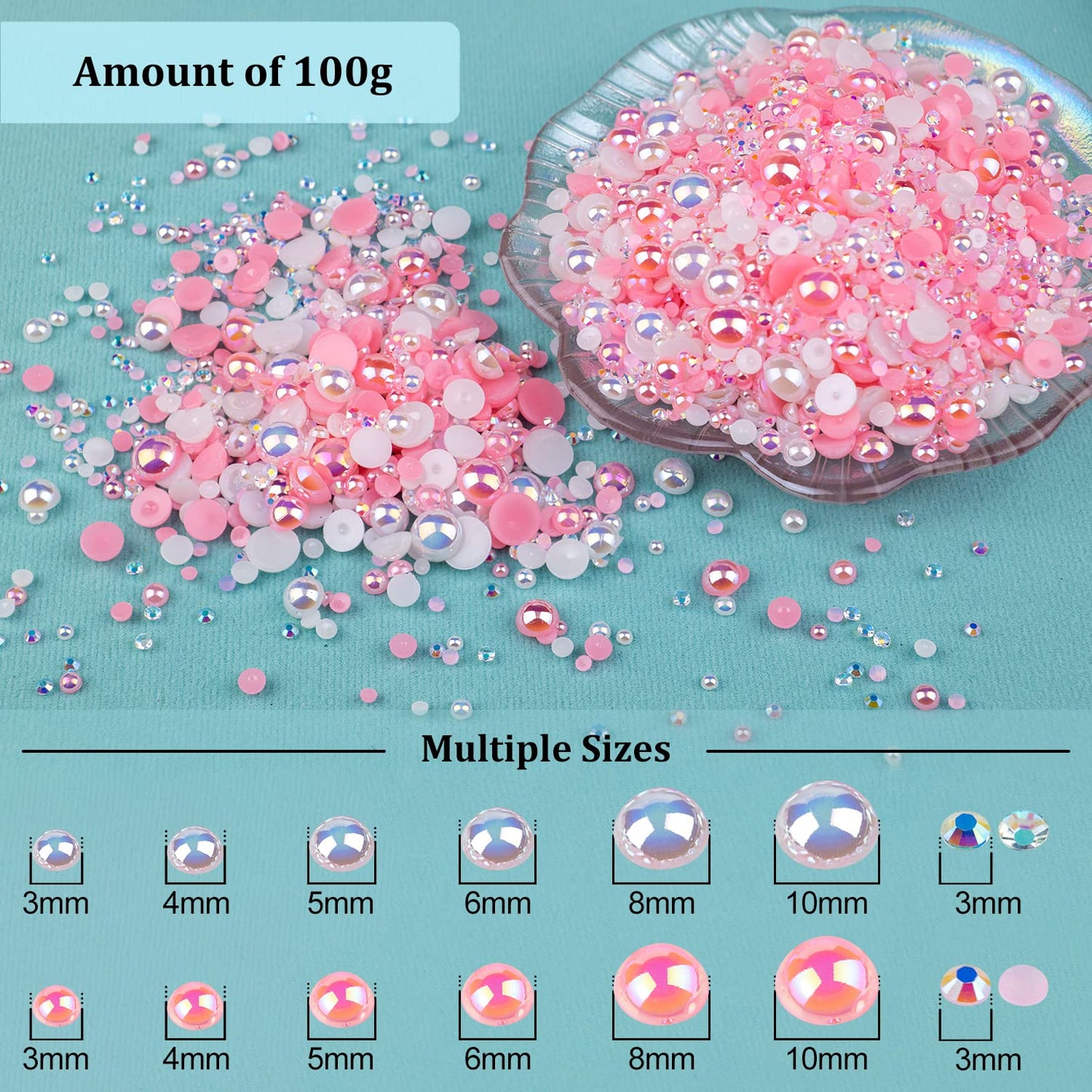 100g Flatback Pearls and Rhinestones Set 1-Pink&White, Mixed Size 3-10mm Resin Rhinestones and Half Pearls for Nail Art and Crafts and Decoration with Tweezer and Pickup Pencil