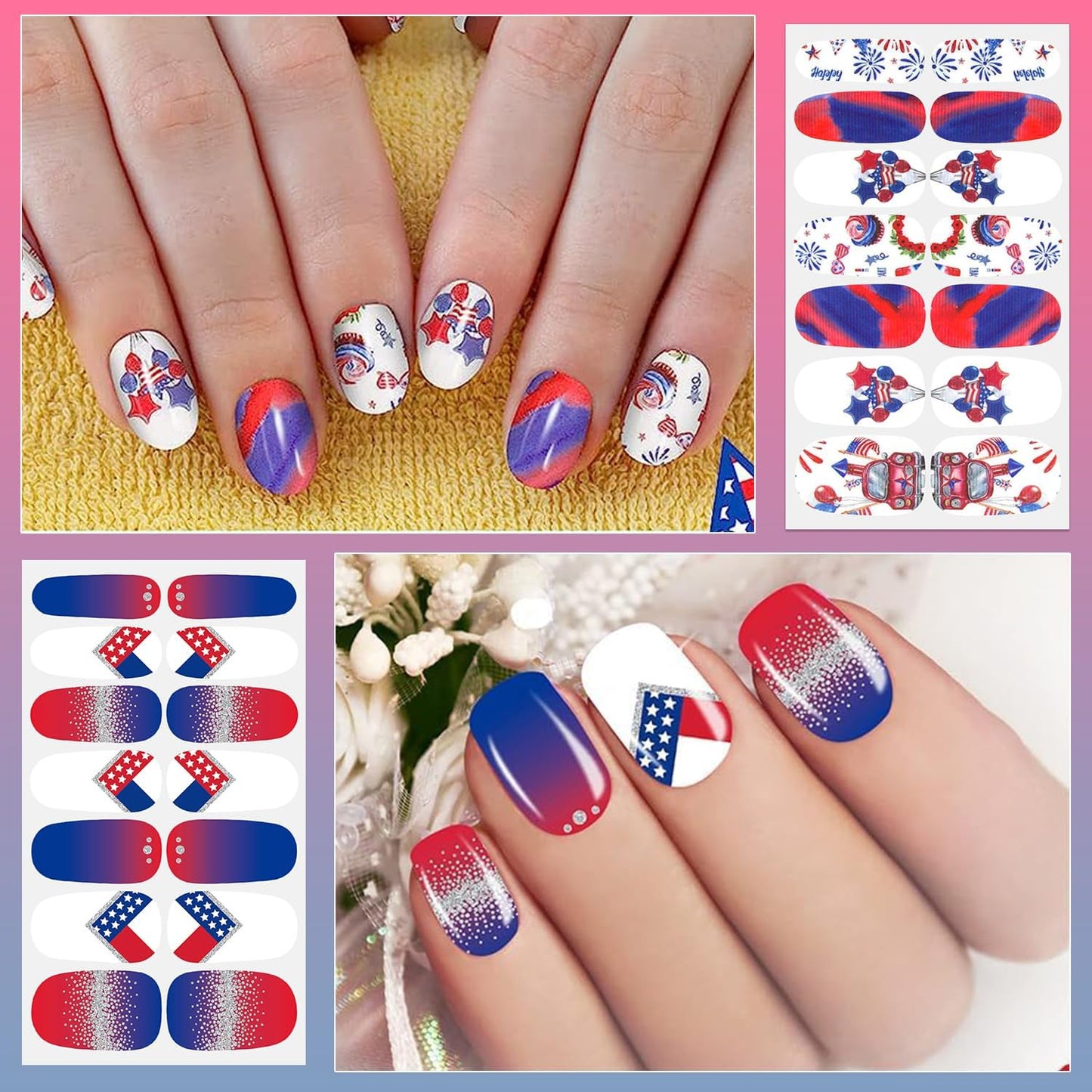 DANNEASY 16 Sheets Independence Day Nail Wraps 4th of July Nail Polish Stickers Self Adhesive Nail Polish Strips Gel Fingernail Sticker Nails for Women with Nail File, Cuticle Stick