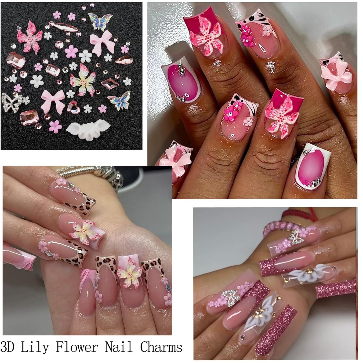 4 Boxes Pink Nail Gems Bow Flower Nail Charms for Acrylics - Irregular Crystals, Nails Rhinestone & Accessories for Women Nails Art Design Nails Decor(Pink)