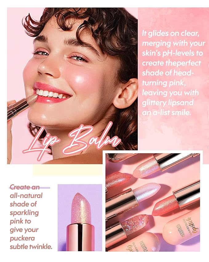 Glimmer Balm, Tinted Lip Balm Long Lasting PH Lipstick, Color Changing Lipstick Natural Chapstick, Glitter Pink Shade Lipstick (3pack)