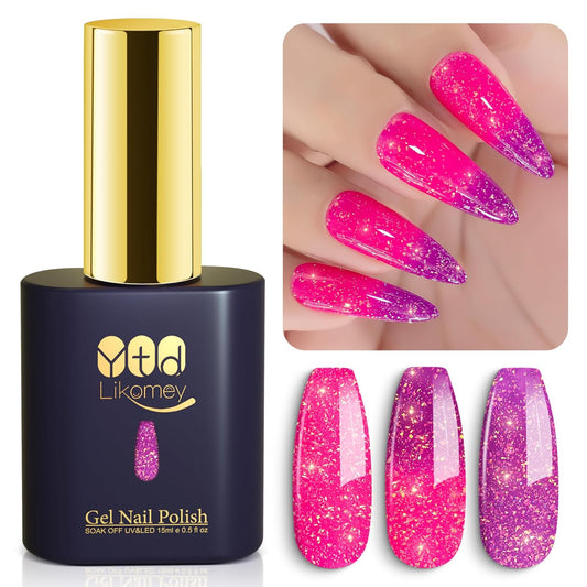 YTD Likomey Brocade Glitter Color Changing Gel Nail Polish,15ml Hot Pink To Violet Shimmer Glitter Mood Temperature Change Colors Iridescent Flakes,Fall Winter Thermal Ombre UV Nail Gel,WB351