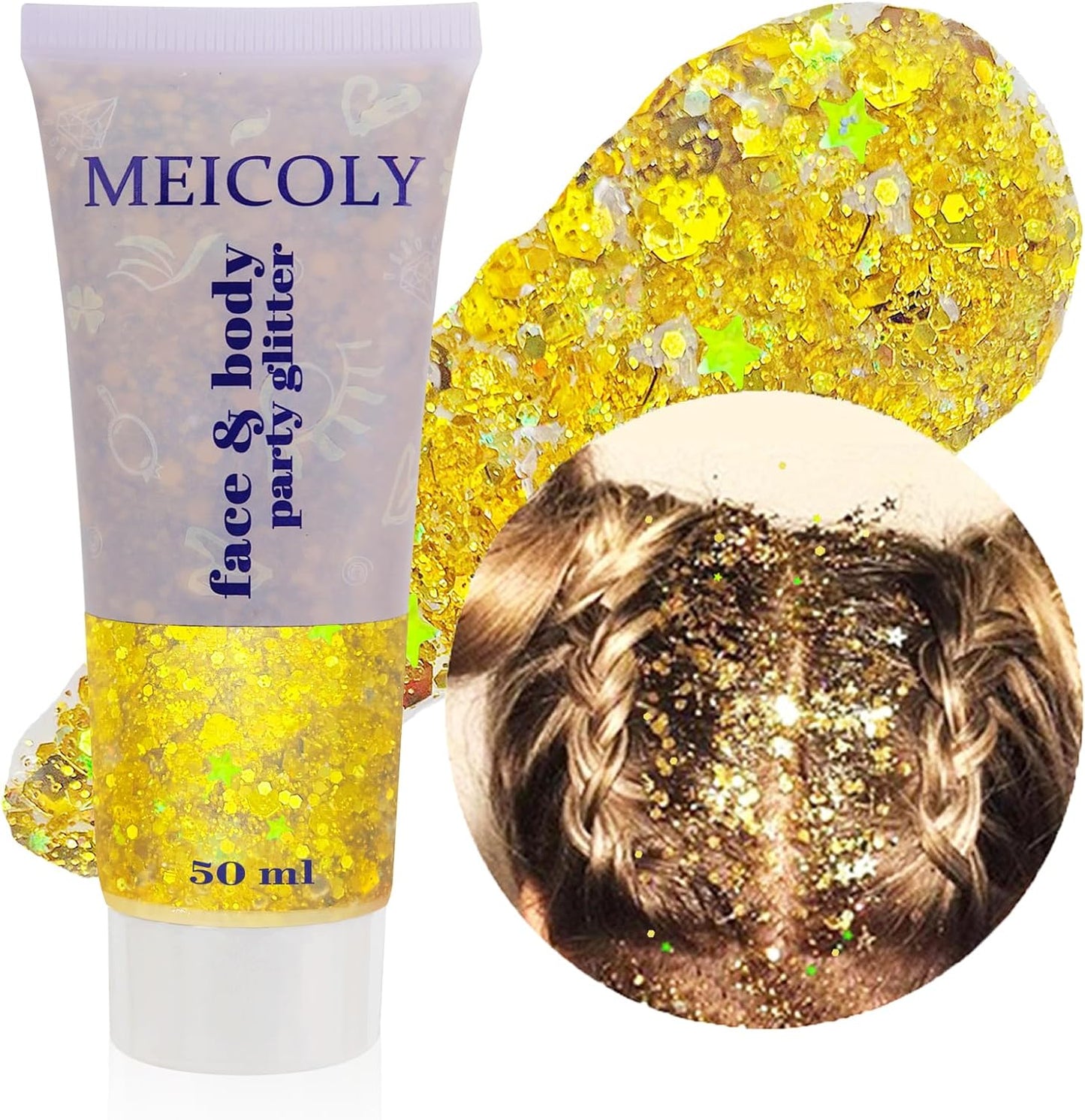 MEICOLY Gold Body Glitter,Yellow Face Glitter,Music Festival Outfits for Women,Hair Glitter Kids Sequins Makeup,Sparkle Face Body Glitter for Country Singer Concert,Mardi Gras Accessories
