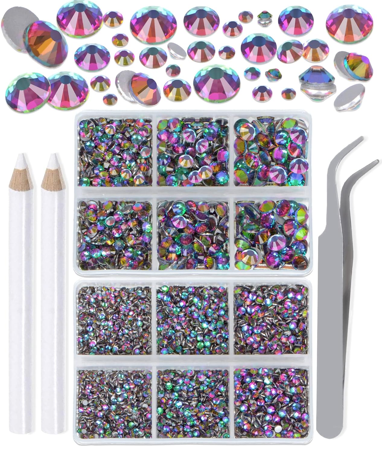 LPBeads 6000 Pieces Green Volcano Non Hotfix Rhinestones 6 Sizes Round Crystal Glass Flat Back Rhinestones with Tweezers and Picking Pen for Nail Art Crafts Clothes Bags DIY