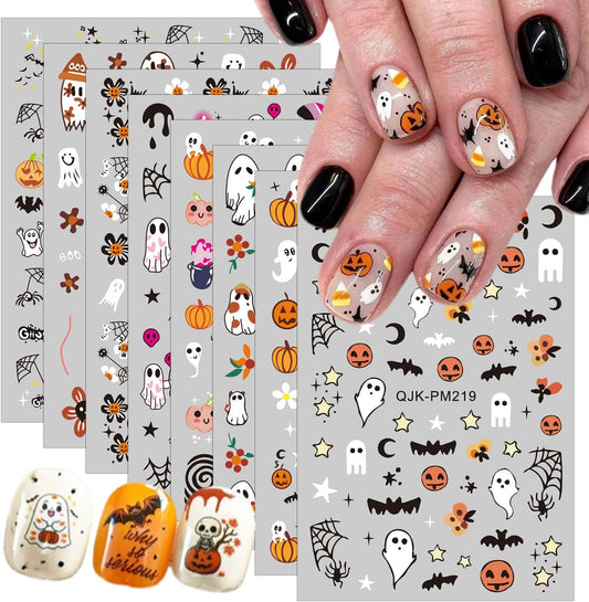 Halloween Nail Art Stickers Decals Gothic Self-Adhesive Nail Stickers Design Pumpkin Ghost Bat Black Cat Nail Decals for Women Girls DIY Manicure 8 Sheets Halloween Nail Stickers Decoration Supply